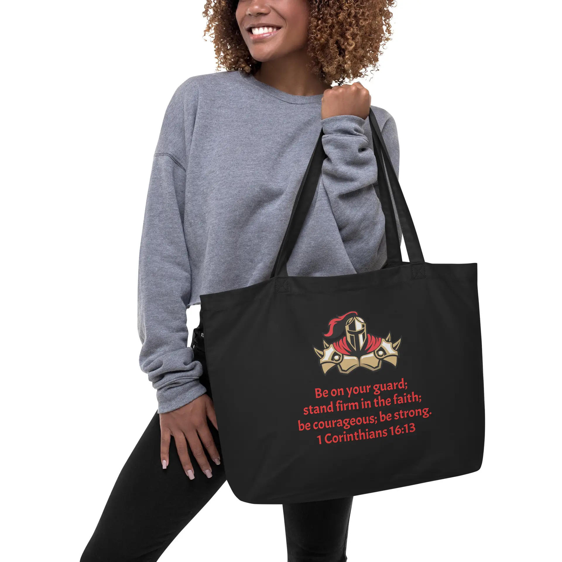 1 Corinthians 1613 Faith Warrior - large-eco-tote-black-front-68297c013e567