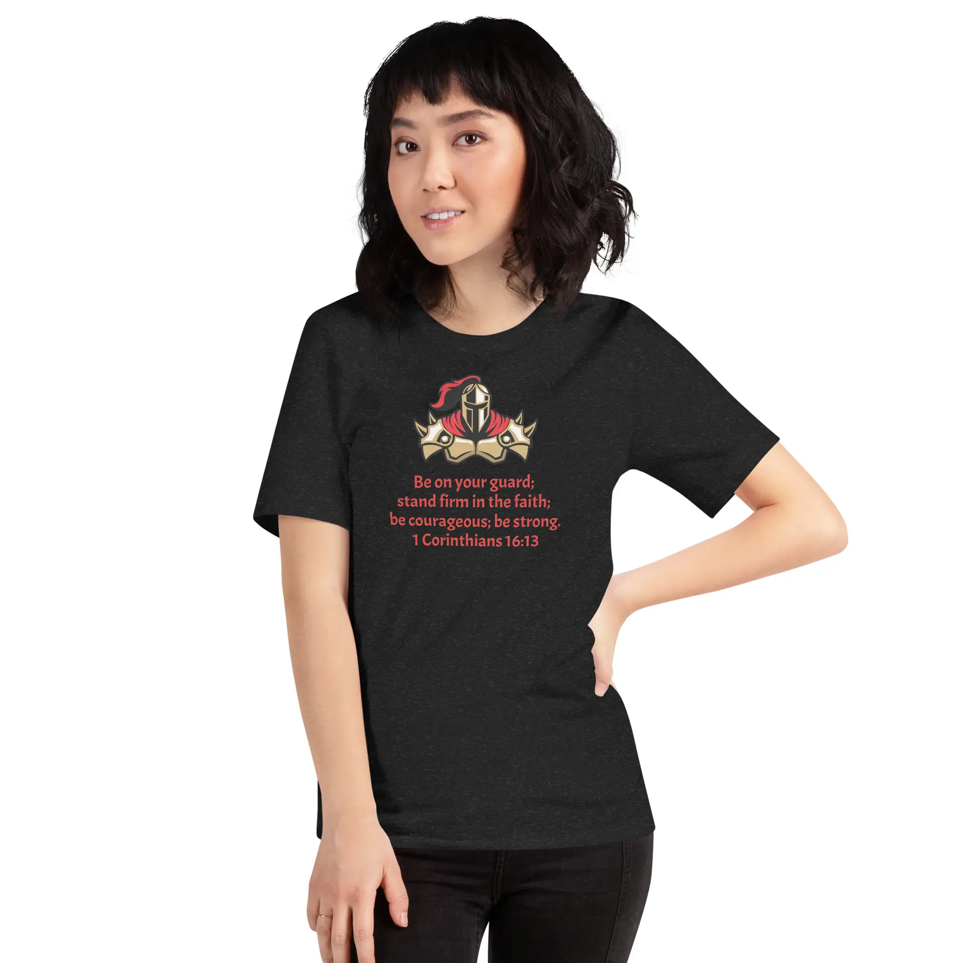 1 Corinthians 1613 Faith Warrior - unisex-staple-t-shirt-black-heather-front-68297daeab0ad