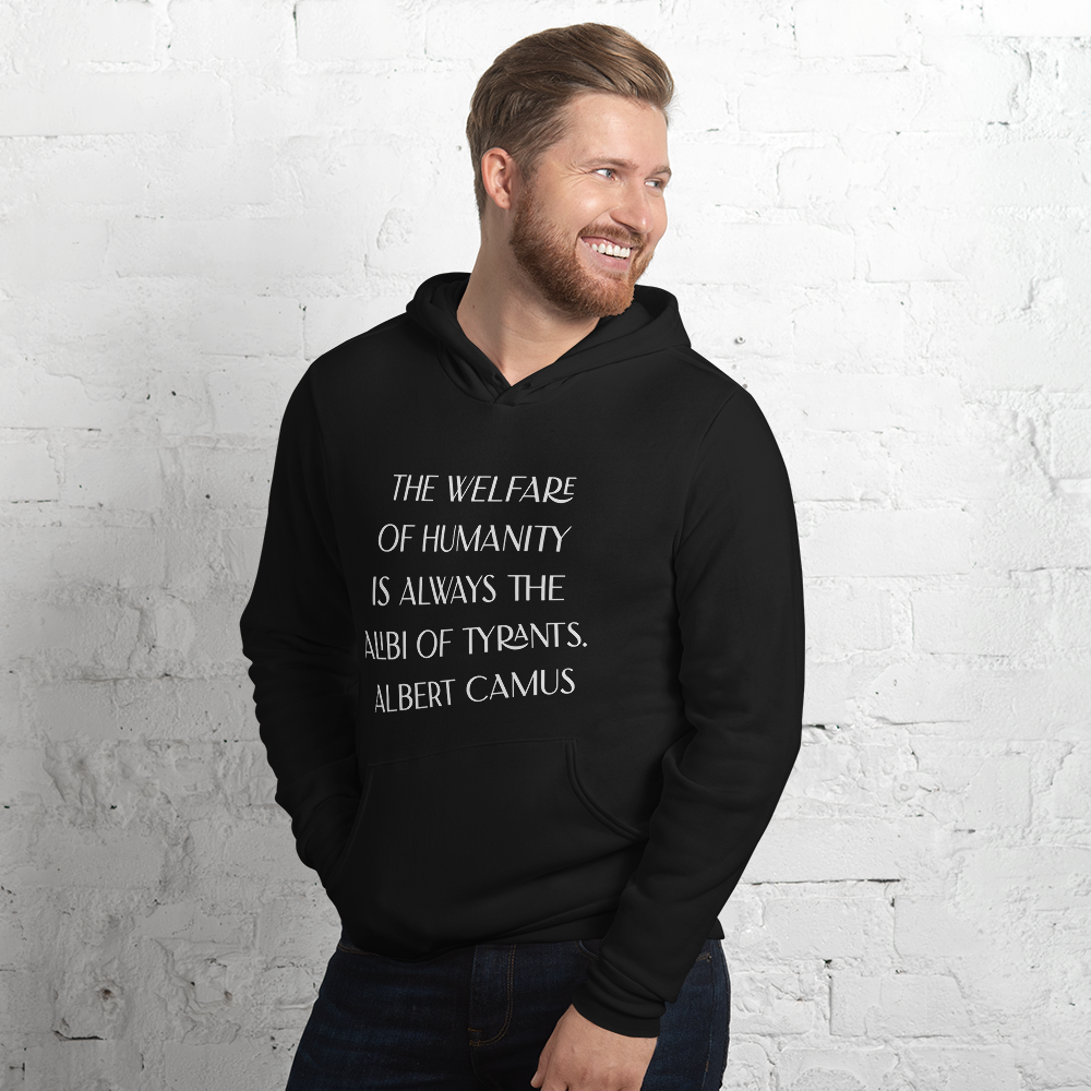 Albert Camus Welfare of Humanity (B+C) unisex-pullover-hoodie-black-left-front-68dfd85ecf286