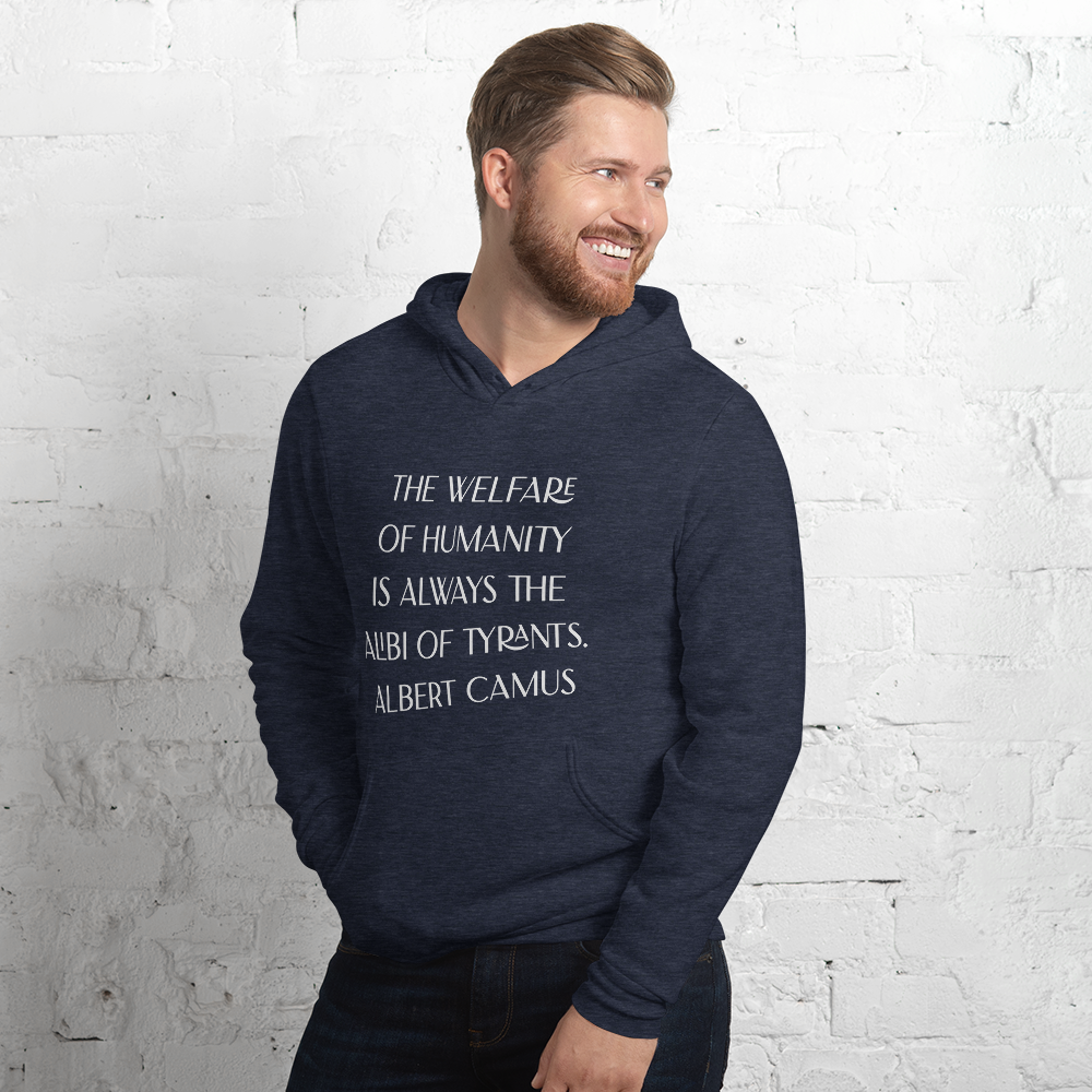Albert Camus Welfare of Humanity (B+C) unisex-pullover-hoodie-heather-navy-left-front-68dfd85ecf3ac