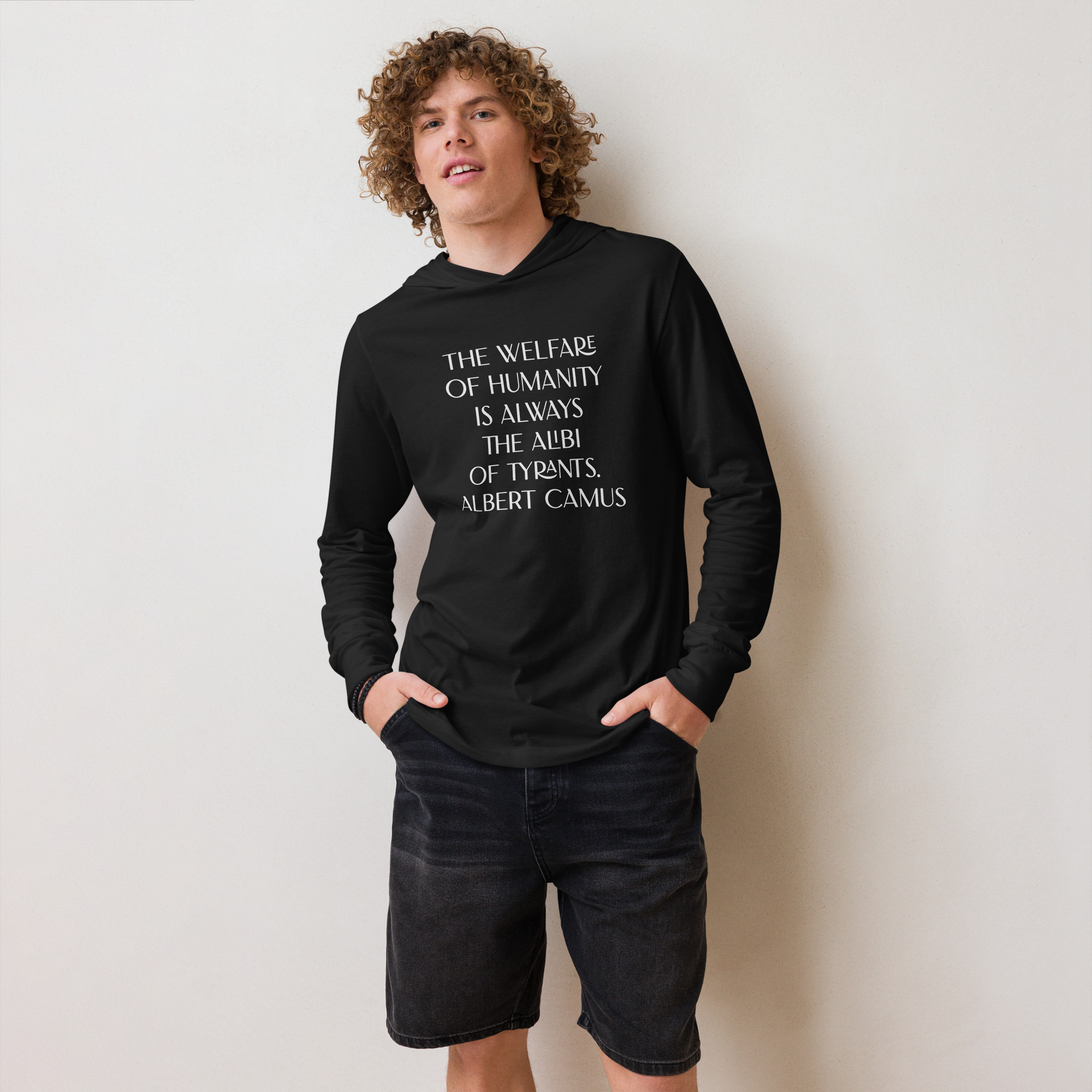 Albert Camus Welfare of Humanity-hooded-long-sleeve-tee-black-front-69613f4223958
