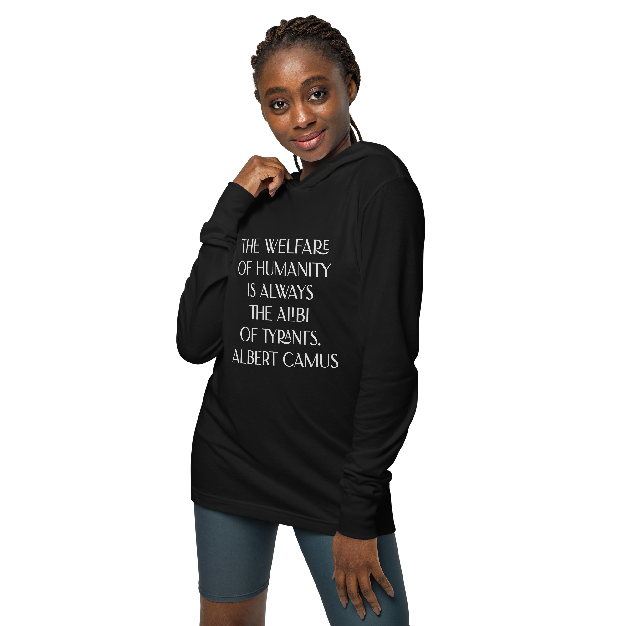 Albert Camus Welfare of Humanity-hooded-long-sleeve-tee-black-front-69613f4223fc0