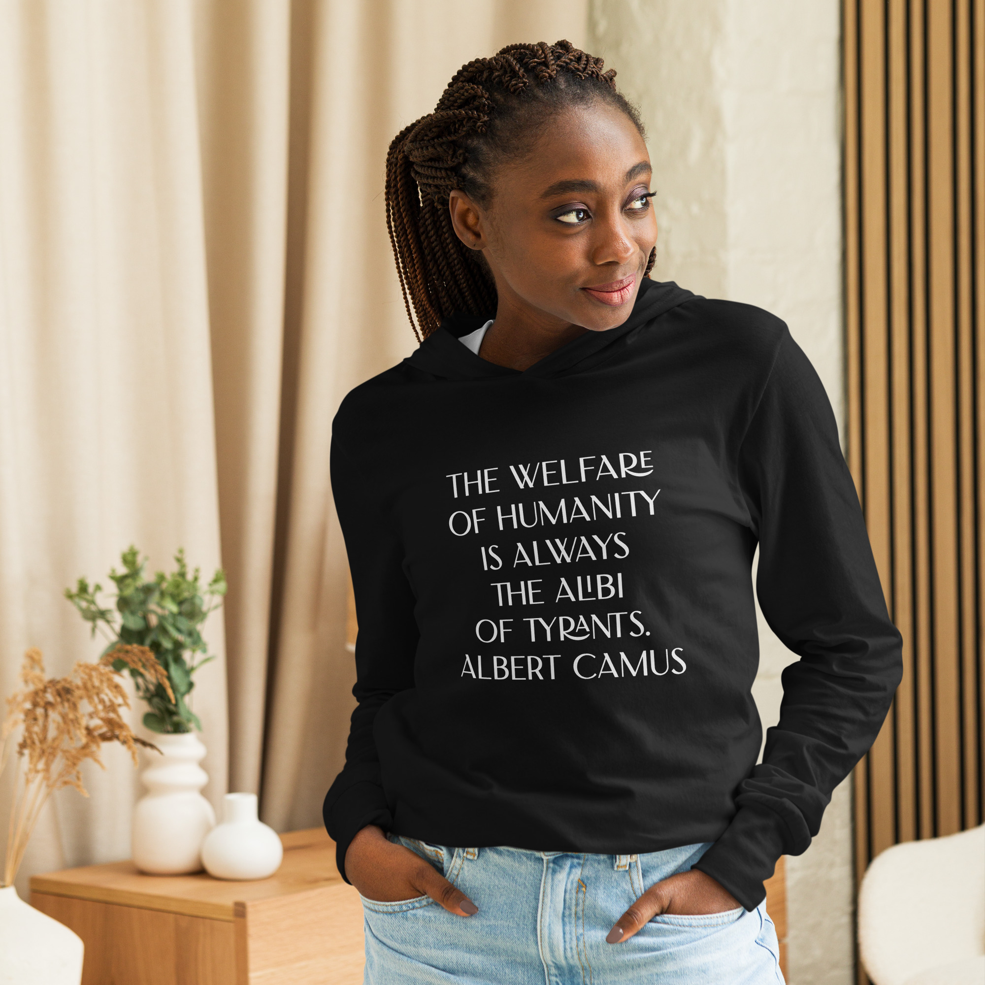 Albert Camus Welfare of Humanity-hooded-long-sleeve-tee-black-front-69613f4224607