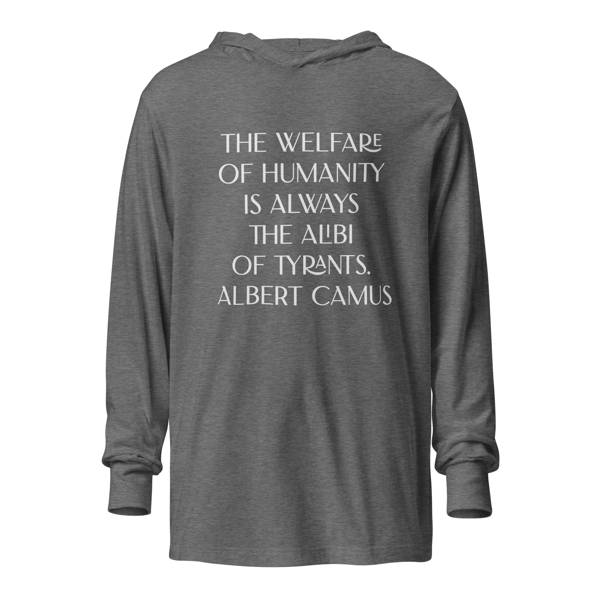 Albert Camus Welfare of Humanity-hooded-long-sleeve-tee-grey-triblend-front-69613f4223355