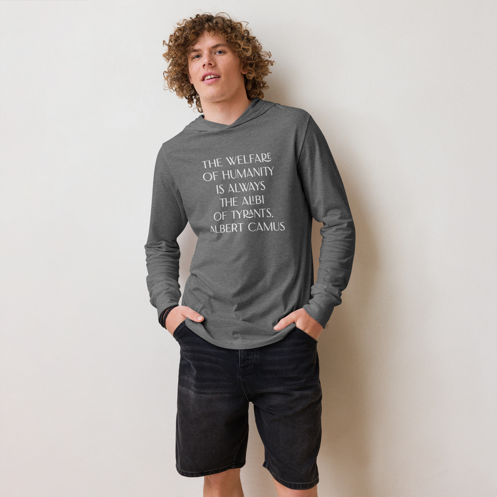 Albert Camus Welfare of Humanity-hooded-long-sleeve-tee-grey-triblend-front-69613f4223a0c