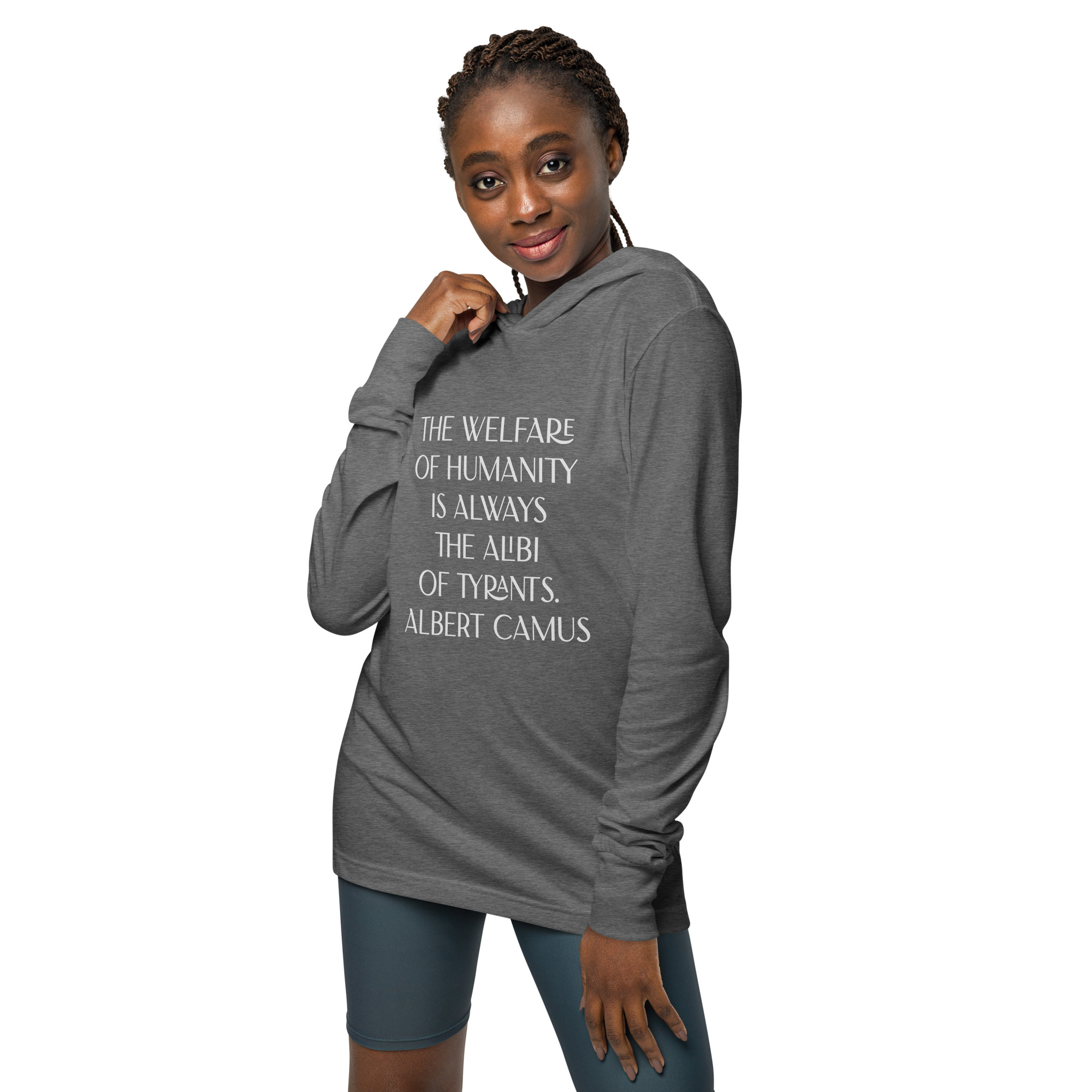 Albert Camus Welfare of Humanity-hooded-long-sleeve-tee-grey-triblend-front-69613f422405e