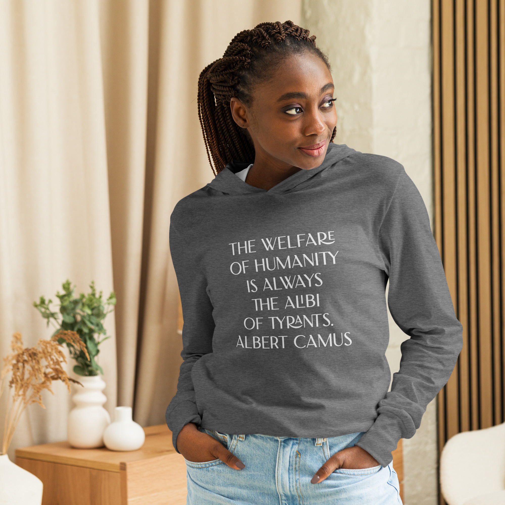 Albert Camus Welfare of Humanity-hooded-long-sleeve-tee-grey-triblend-front-69613f422469c