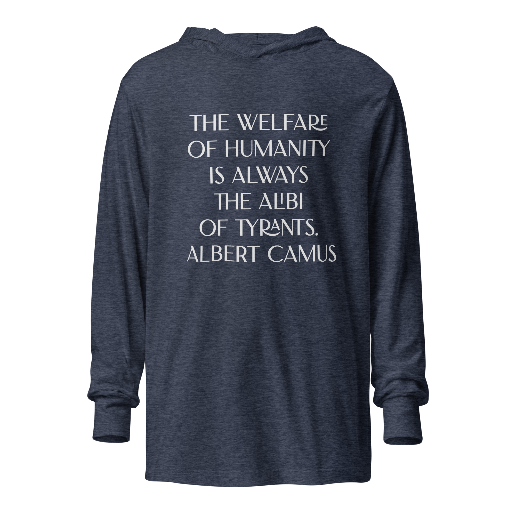 Albert Camus Welfare of Humanity-hooded-long-sleeve-tee-heather-navy-front-69613f42233da