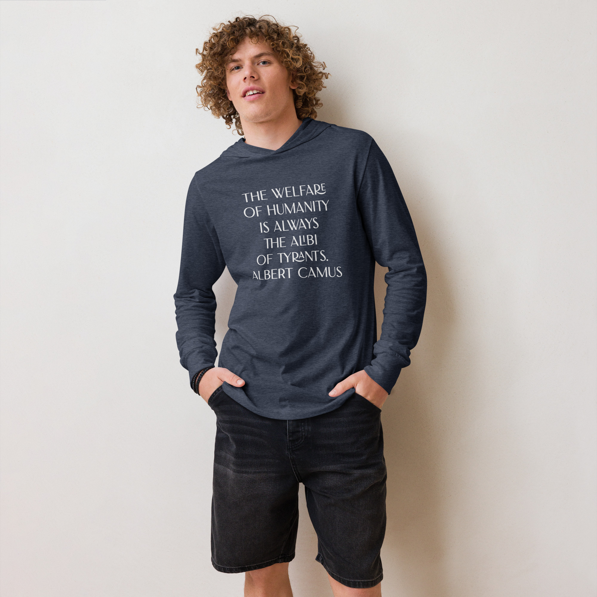 Albert Camus Welfare of Humanity-hooded-long-sleeve-tee-heather-navy-front-69613f4223a8a