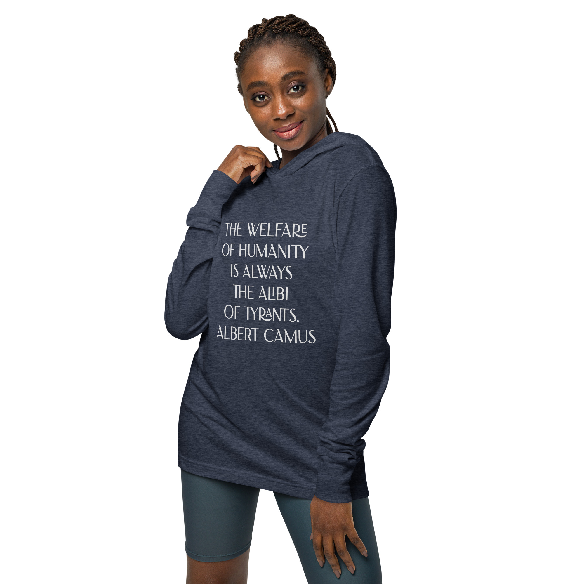 Albert Camus Welfare of Humanity-hooded-long-sleeve-tee-heather-navy-front-69613f42240db