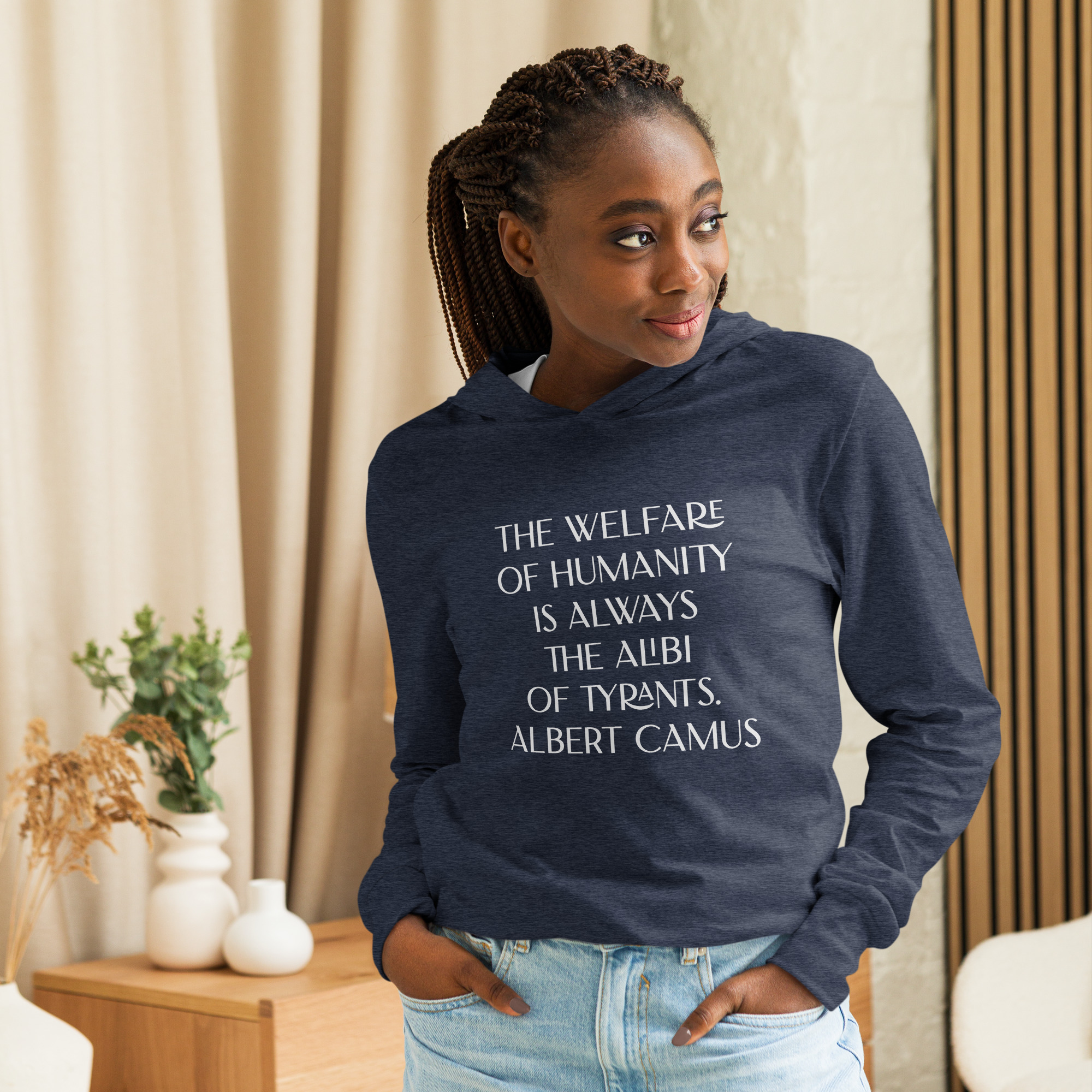 Albert Camus Welfare of Humanity-hooded-long-sleeve-tee-heather-navy-front-69613f4224713