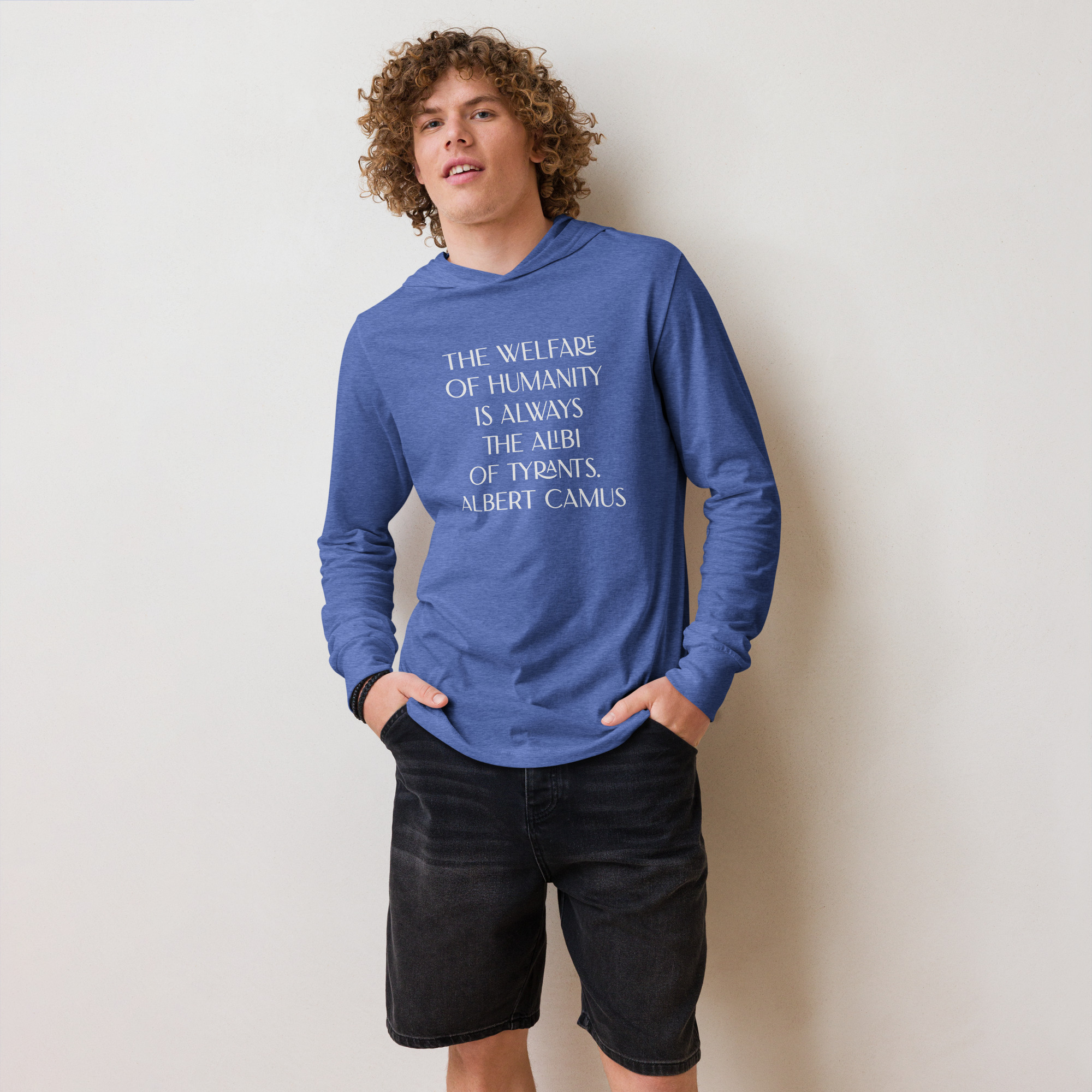 Albert Camus Welfare of Humanity-hooded-long-sleeve-tee-heather-true-royal-front-69613f4223b02