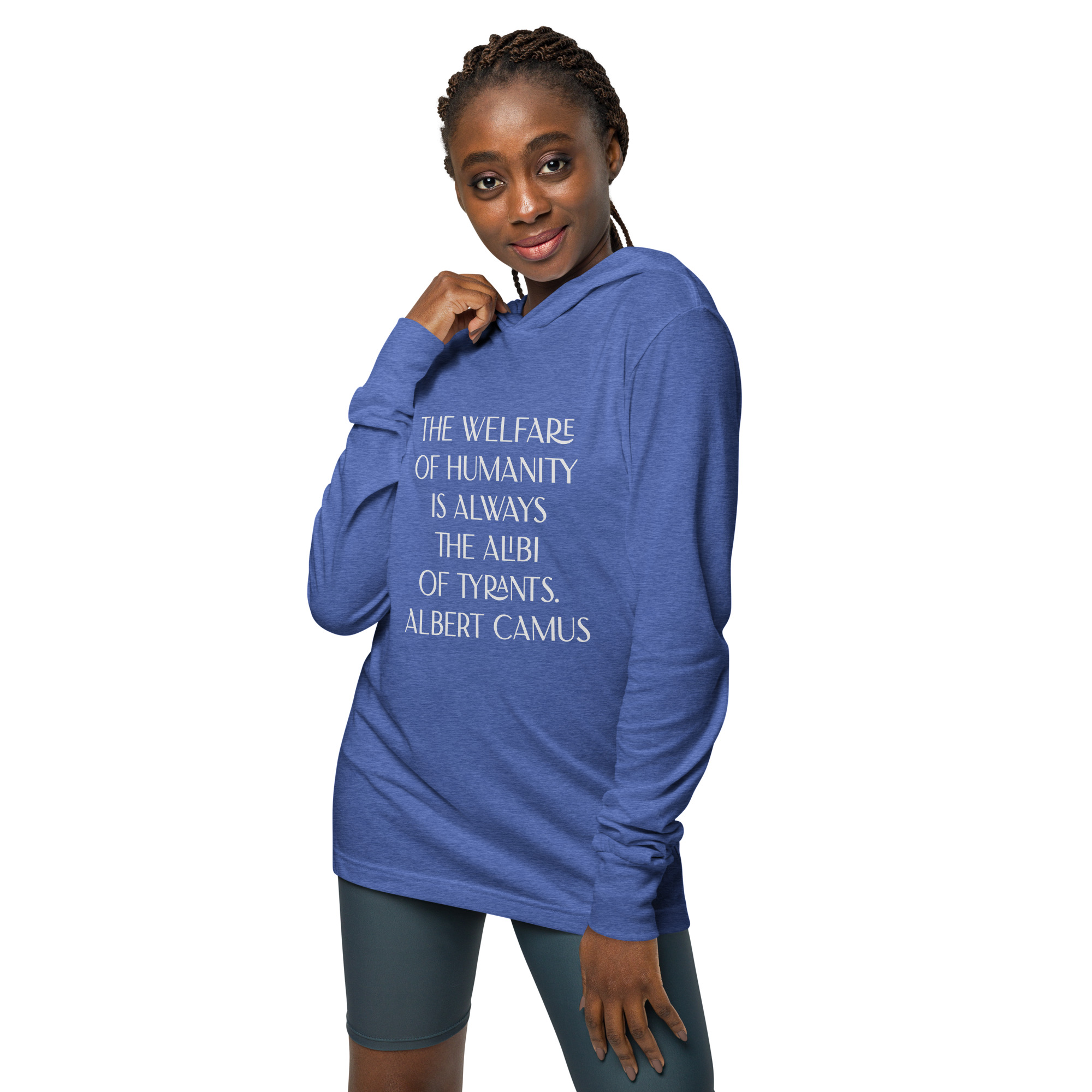 Albert Camus Welfare of Humanity-hooded-long-sleeve-tee-heather-true-royal-front-69613f4224153
