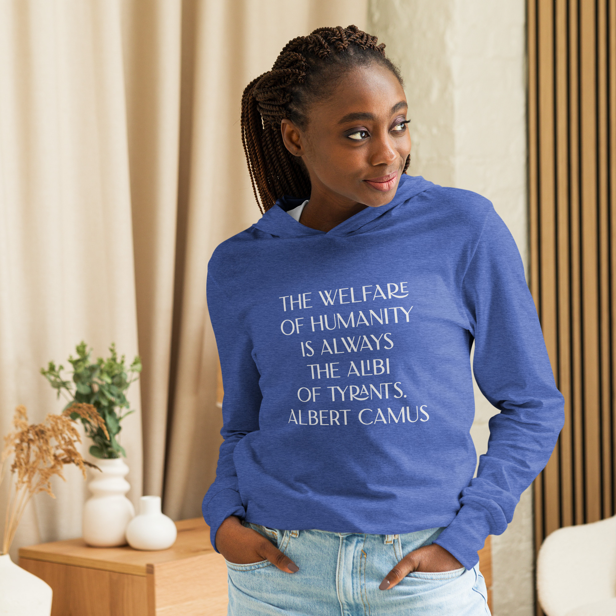 Albert Camus Welfare of Humanity-hooded-long-sleeve-tee-heather-true-royal-front-69613f4224786