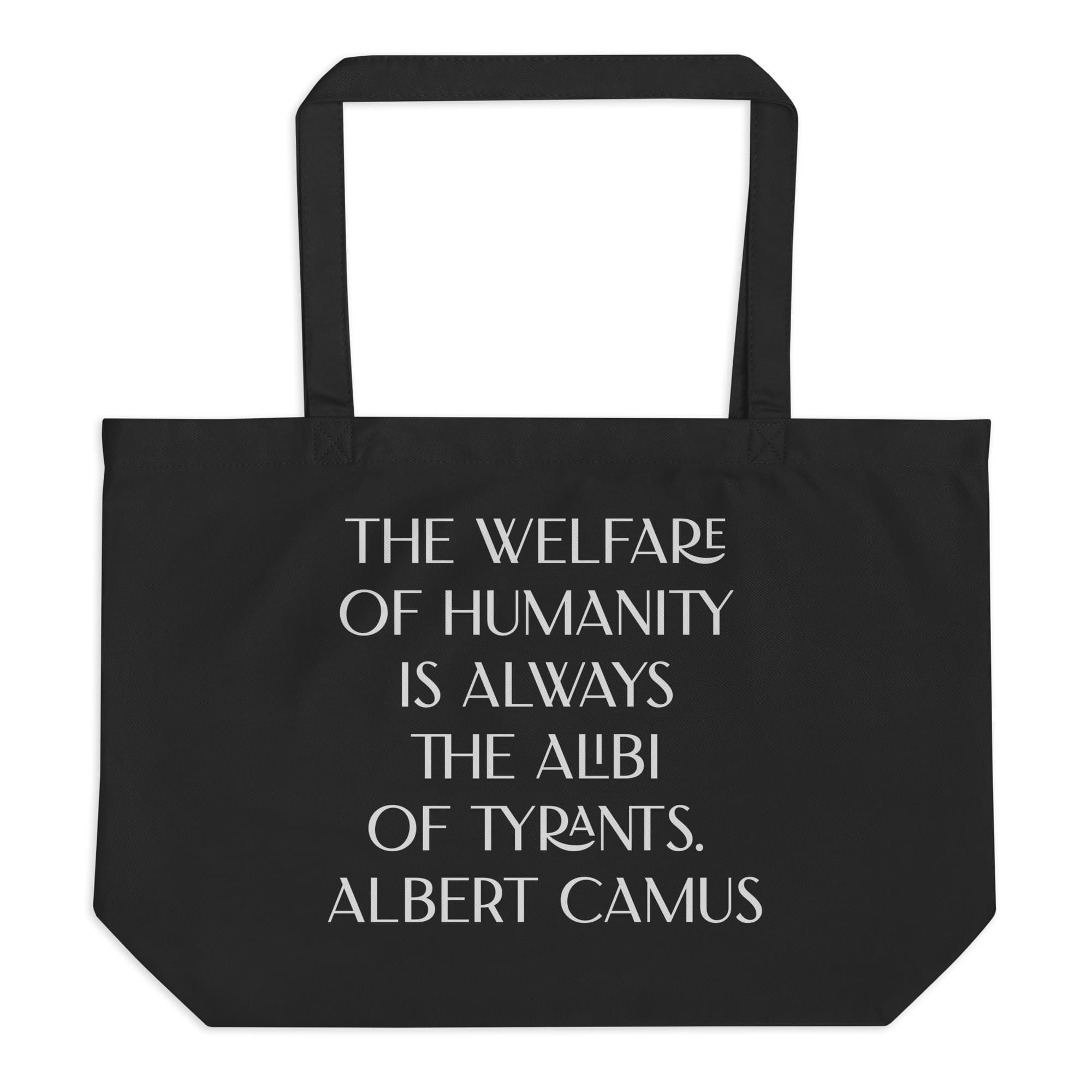 Albert Camus Welfare of Humanity large-eco tote-black-front-69c830f57b05c