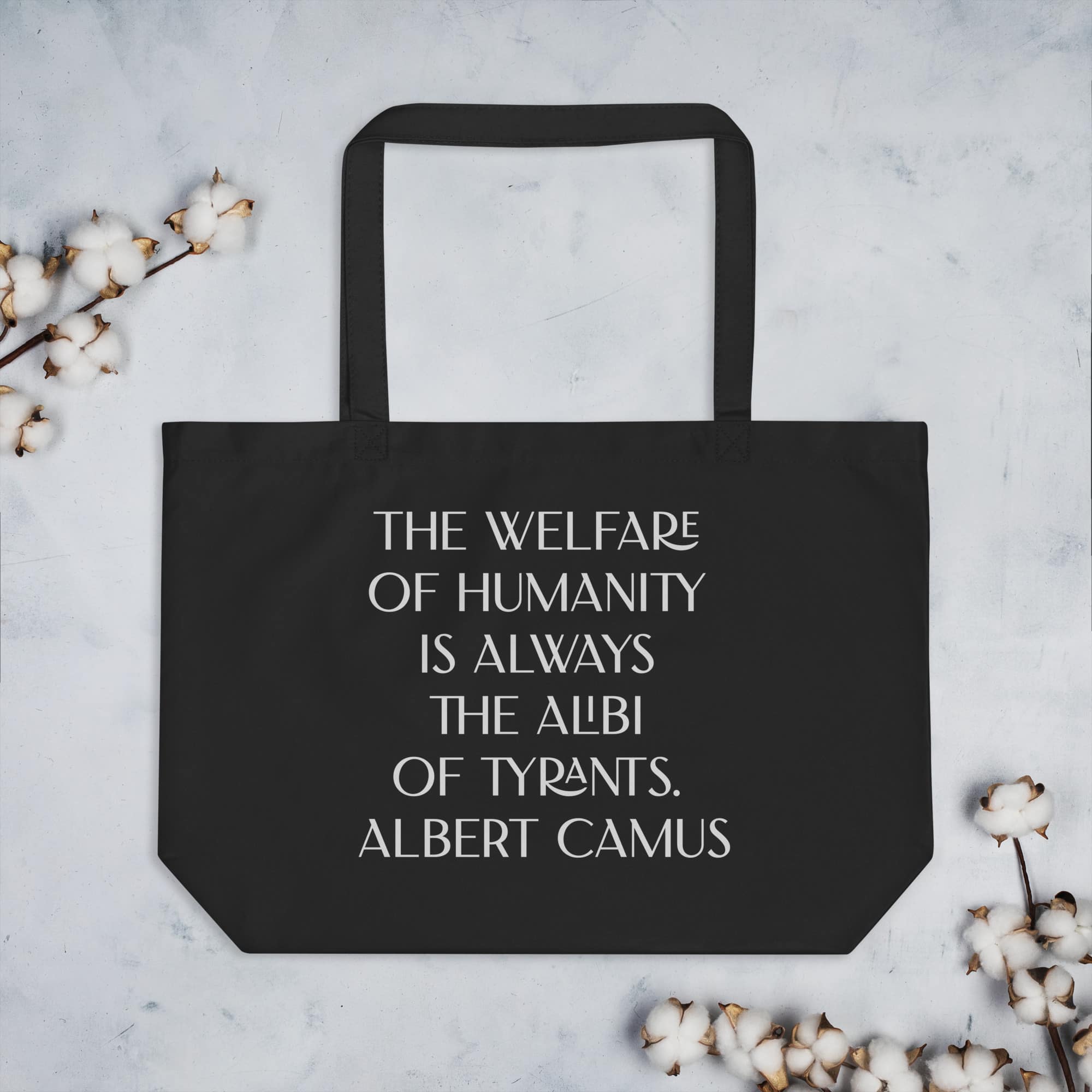 Albert Camus Welfare of Humanity large-eco tote-black-front-69c830f57bb8b