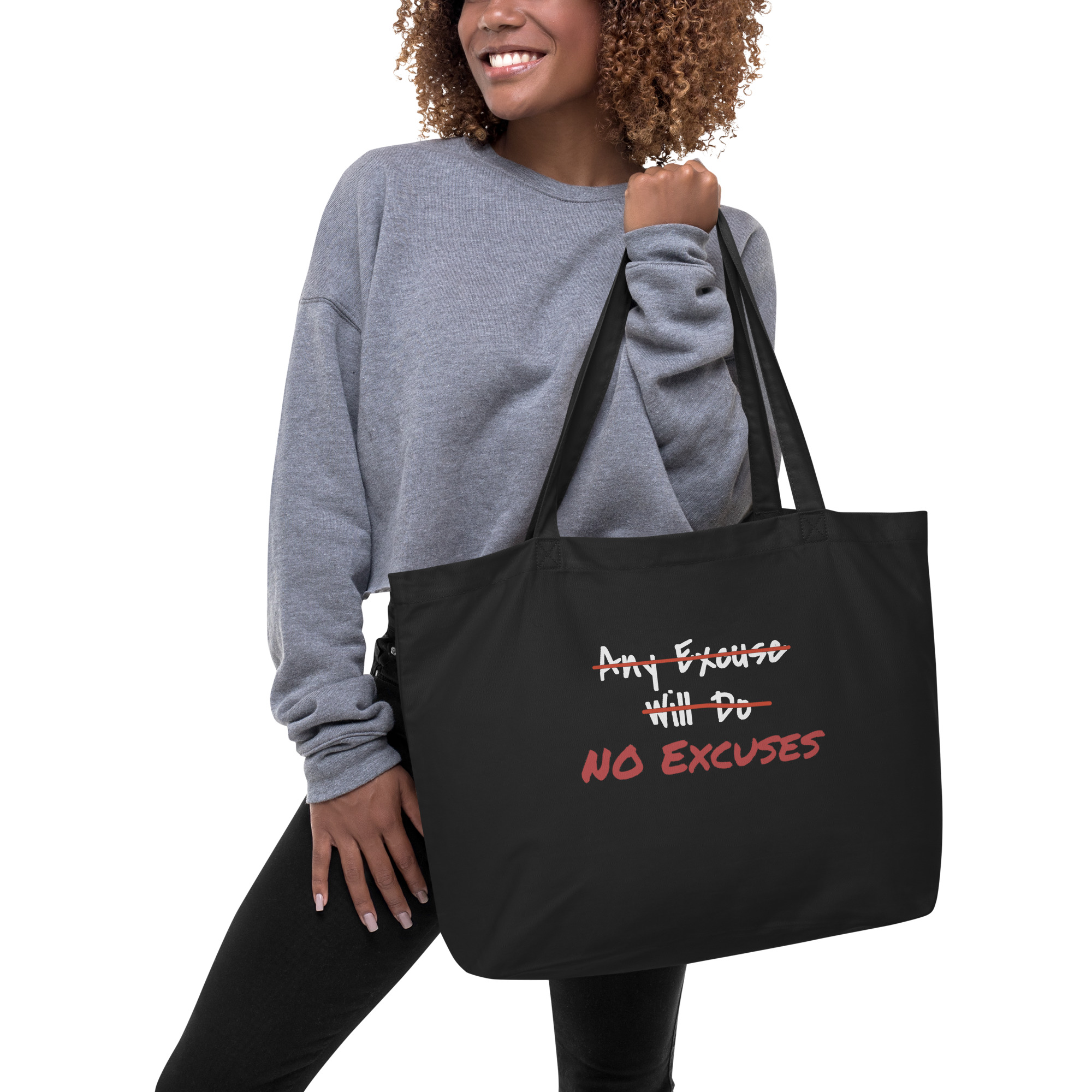 Any Excuse, No Excuses - large-eco-tote-black-front-6825cae6cfe81