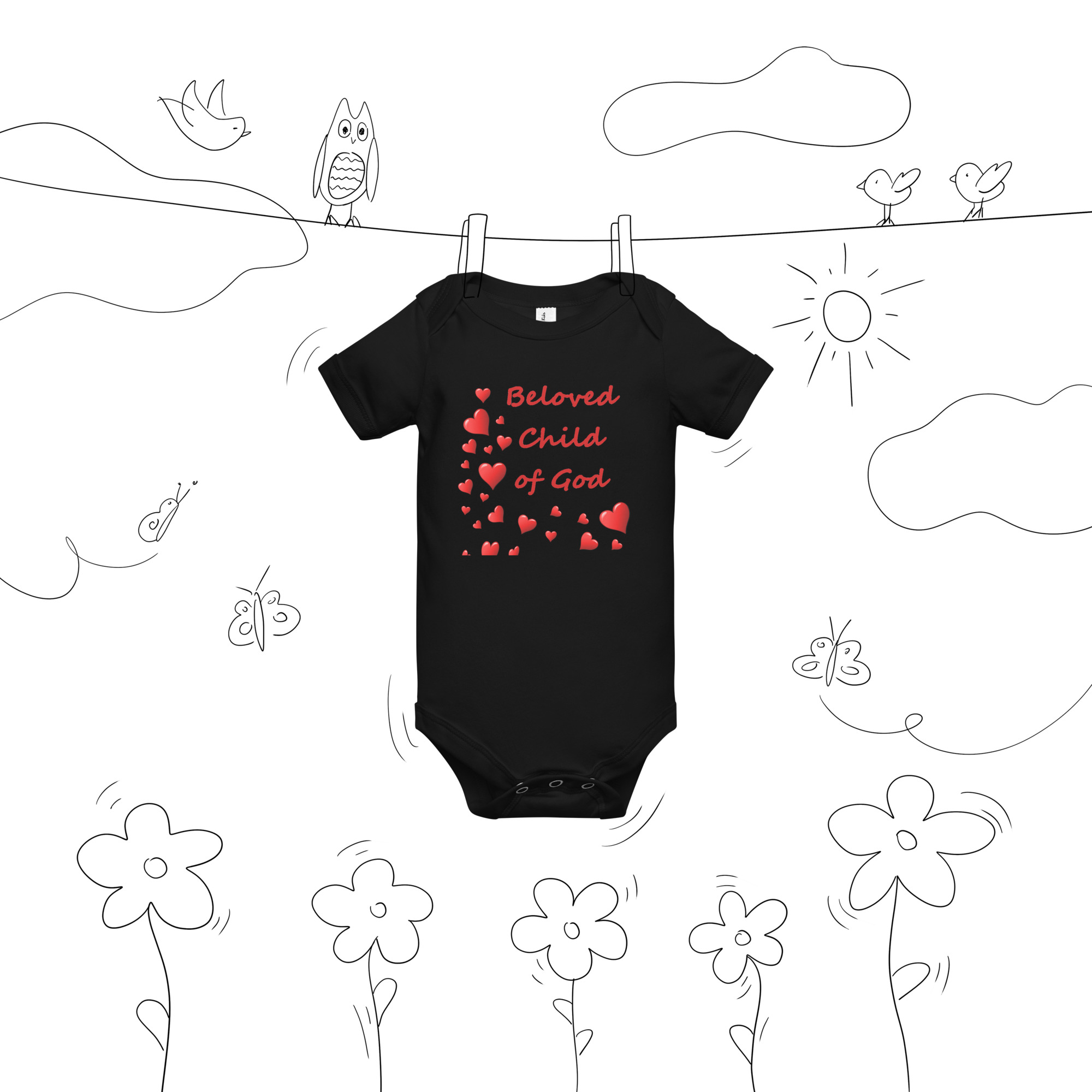 Beloved Child of God - baby-short-sleeve-one-piece-black-front-6825e5edc0e62
