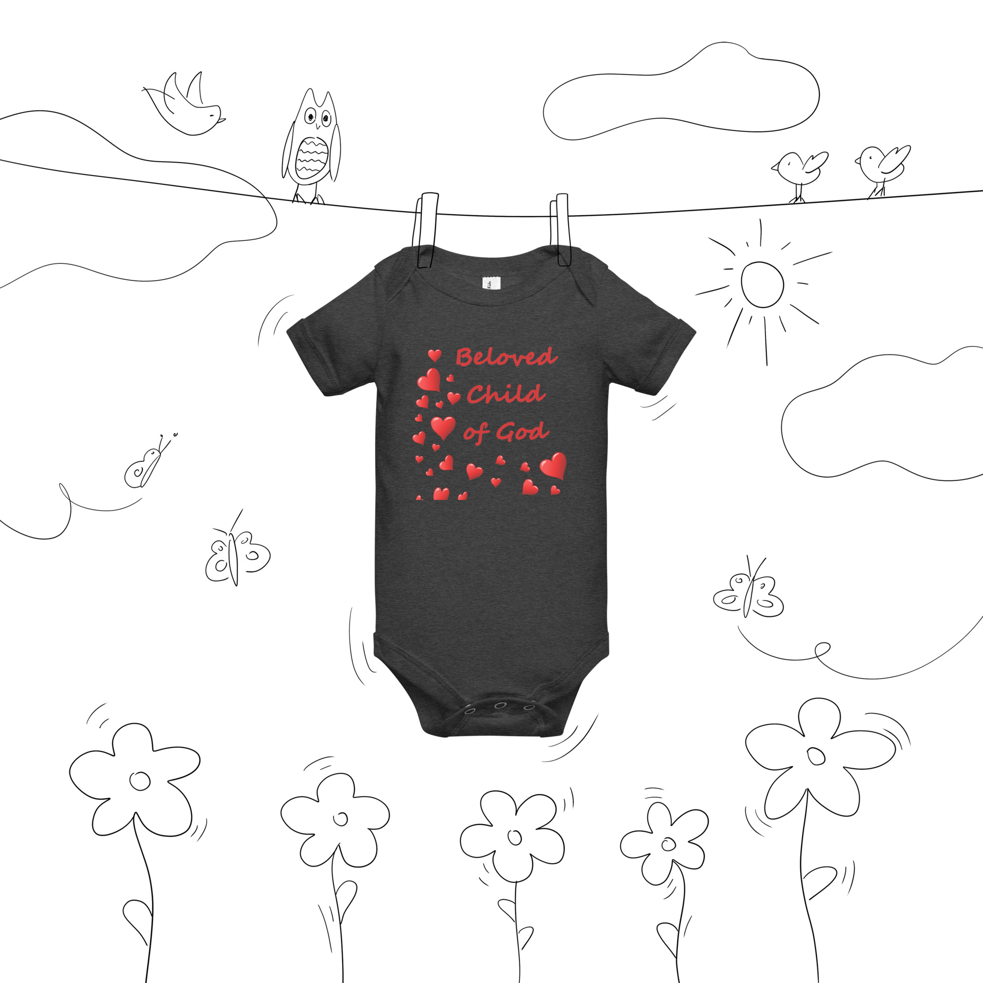 Beloved Child of God - baby-short-sleeve-one-piece-dark-grey-heather-front-6825e5edc0f3c