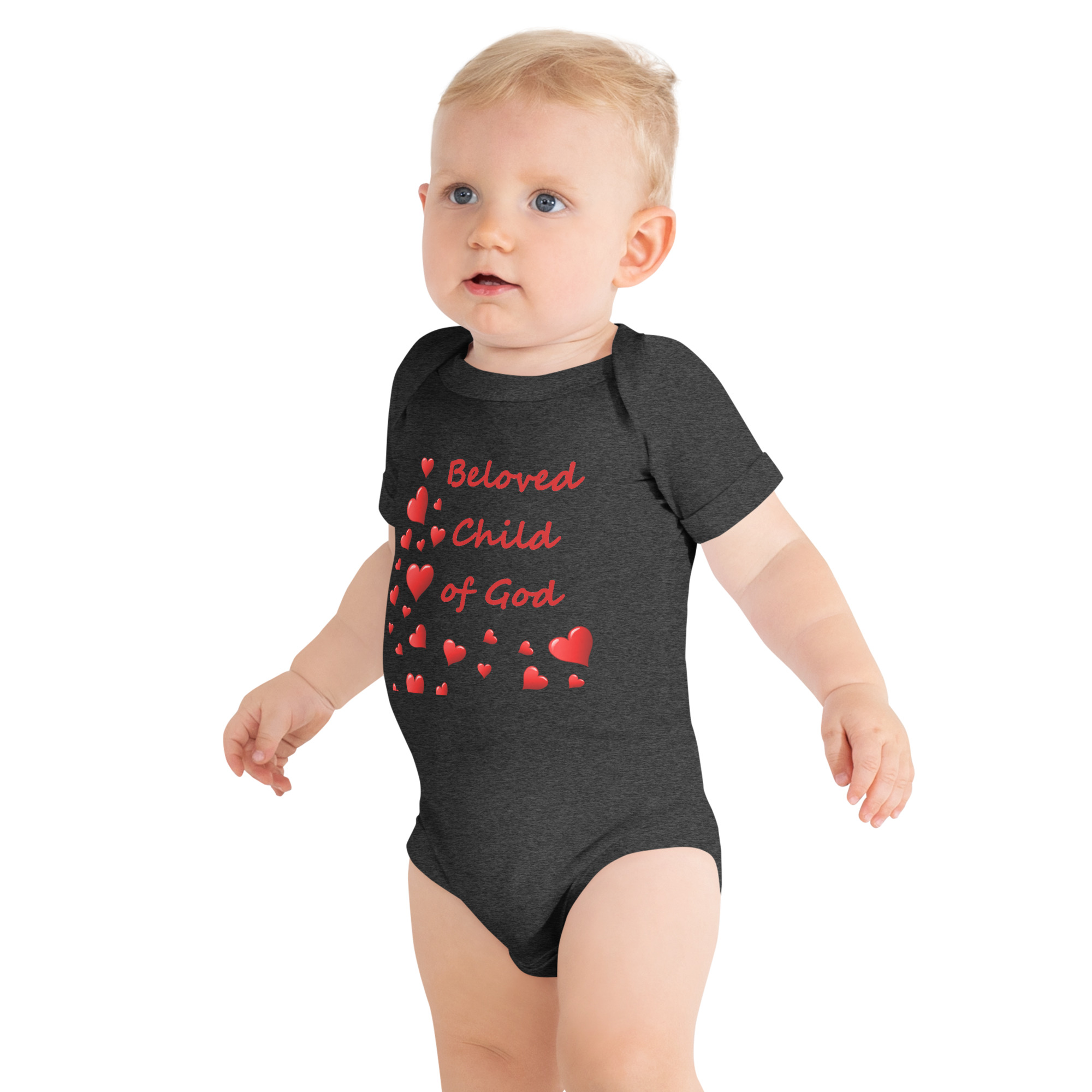 Beloved Child of God - baby-short-sleeve-one-piece-dark-grey-heather-front-6825e5edc10ba
