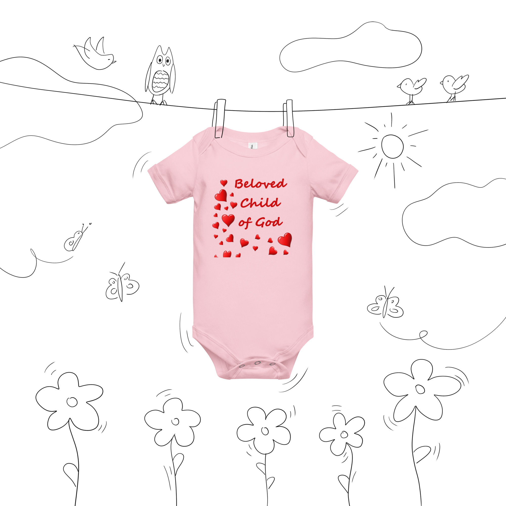 Beloved Child of God - baby-short-sleeve-one-piece-pink-front-6825e5edc160c