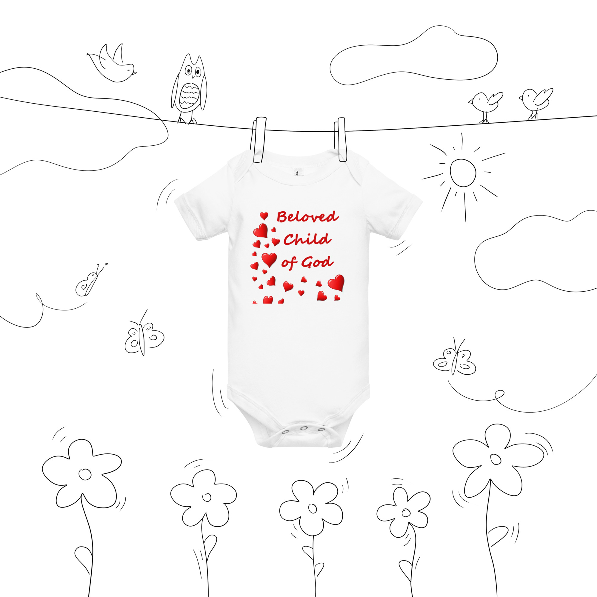 Beloved Child of God - baby-short-sleeve-one-piece-white-front-6825e5edc1ac4