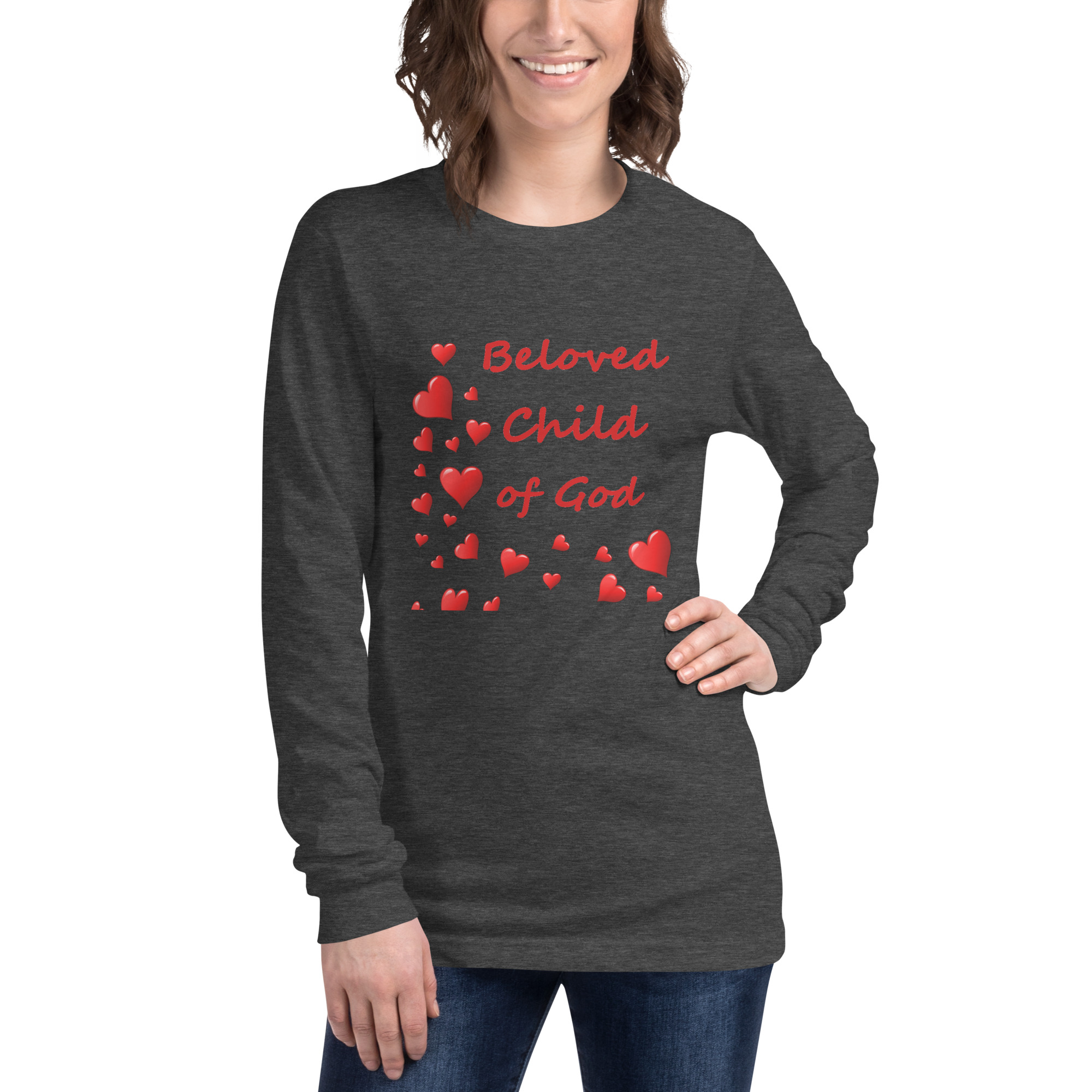 Beloved Child of God - unisex-long-sleeve-tee-dark-grey-heather-front-6825e7499c9bc
