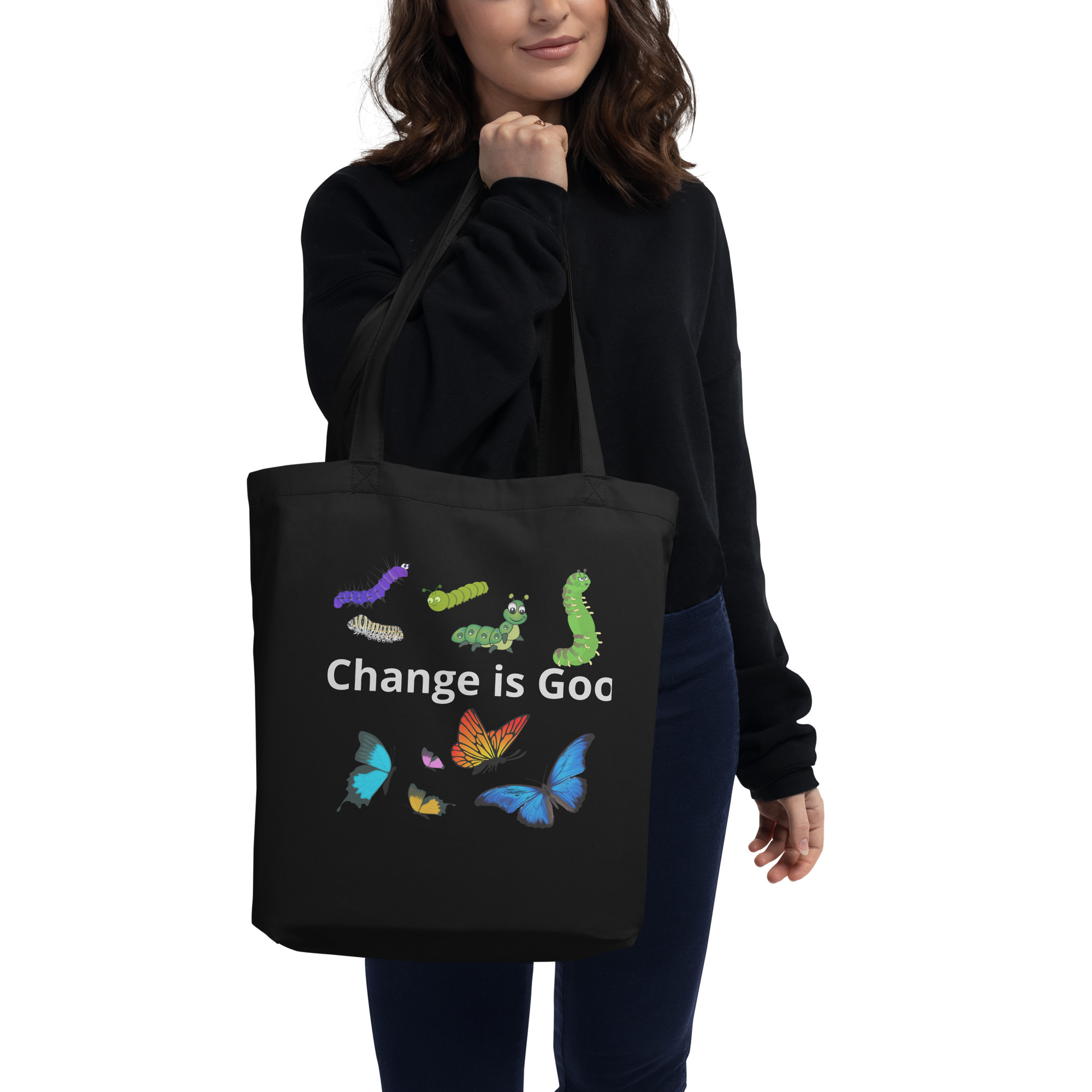 Caterpillar Butterfly Change is Good - eco-tote-bag-black-front-6825ea2e75446