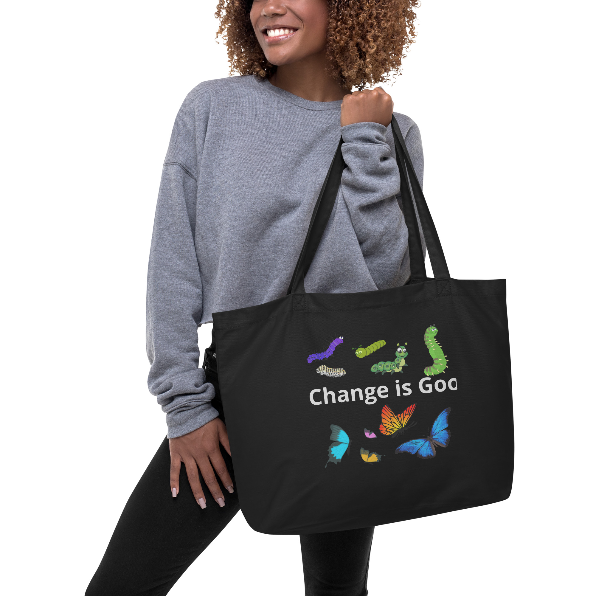 Caterpillar Butterfly Change is Good - large-eco-tote-black-front-6825ea3199da4