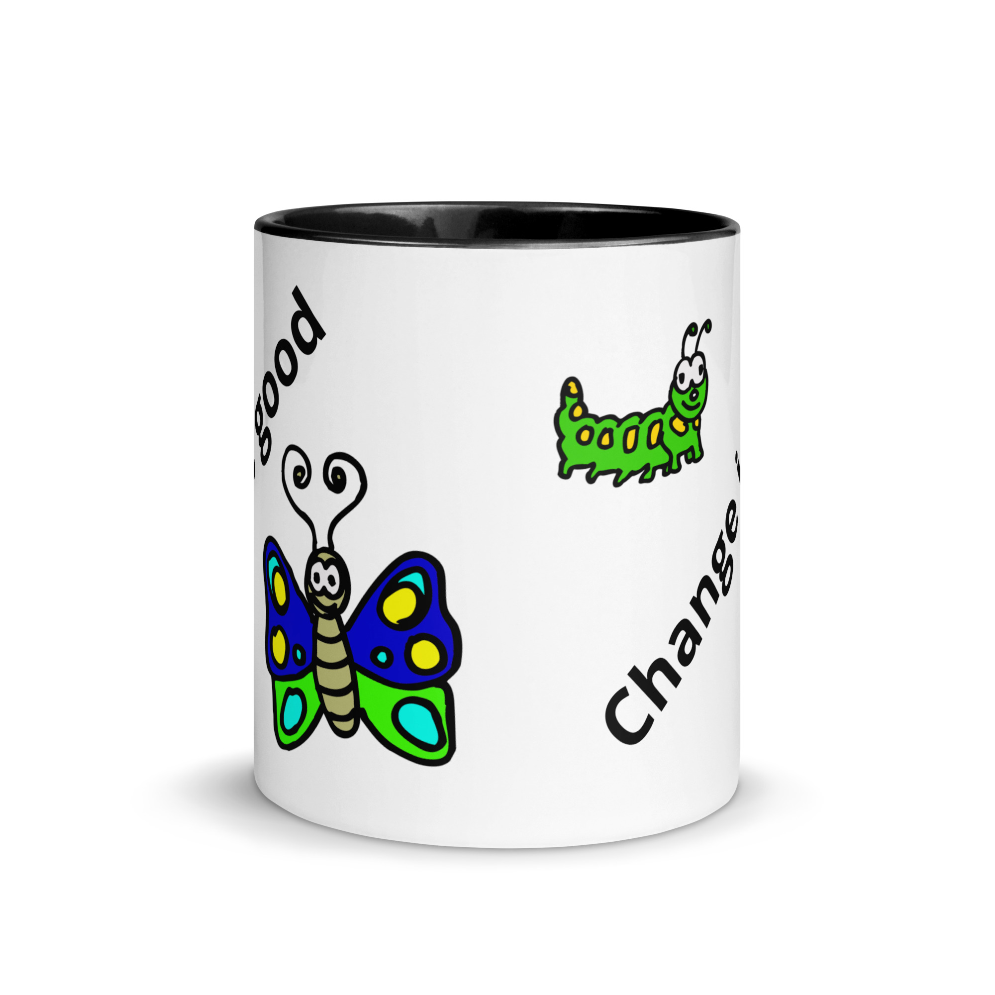 Caterpillar Butterfly Change is Good - white-ceramic-mug-with-color-inside-black-11-oz-front-6825ea336830c