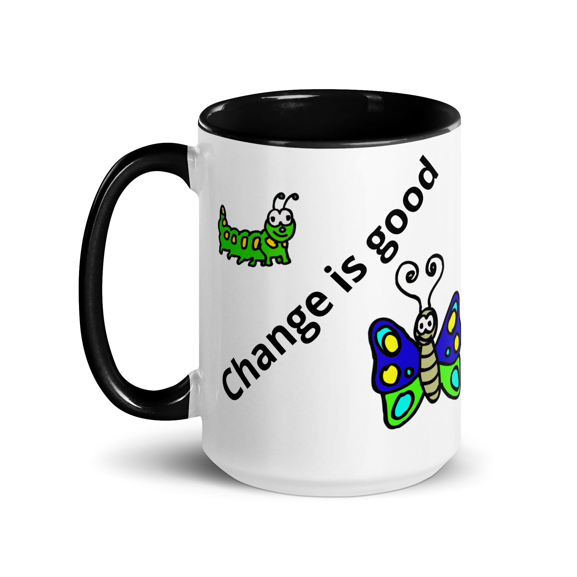 Caterpillar Butterfly Change is Good - white-ceramic-mug-with-color-inside-black-15-oz-left-6825ea336841c