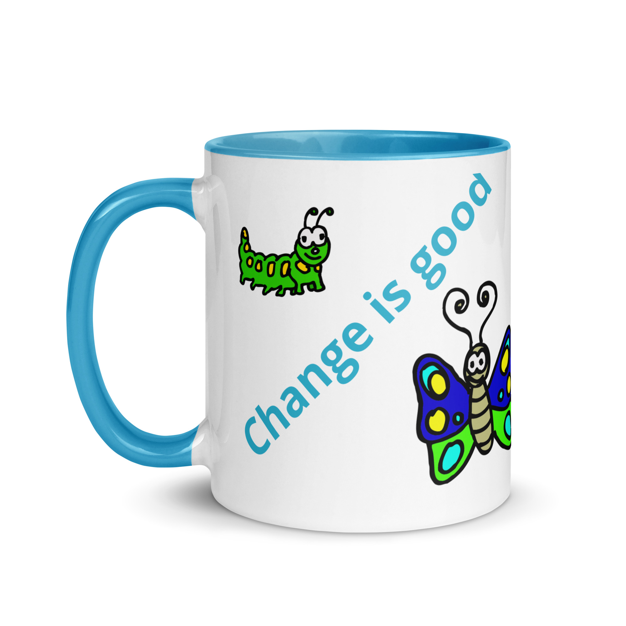 Caterpillar Butterfly Change is Good - white-ceramic-mug-with-color-inside-blue-11-oz-left-6825ea3eb7a62