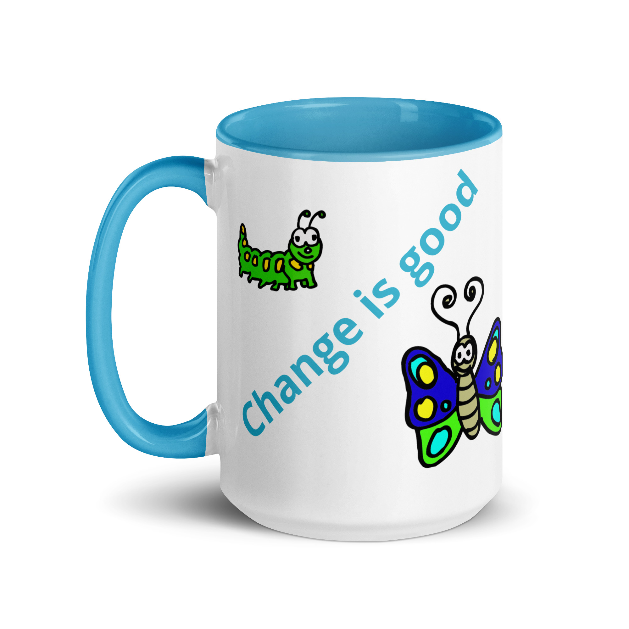 Caterpillar Butterfly Change is Good - white-ceramic-mug-with-color-inside-blue-15-oz-left-6825ea3eb7b24