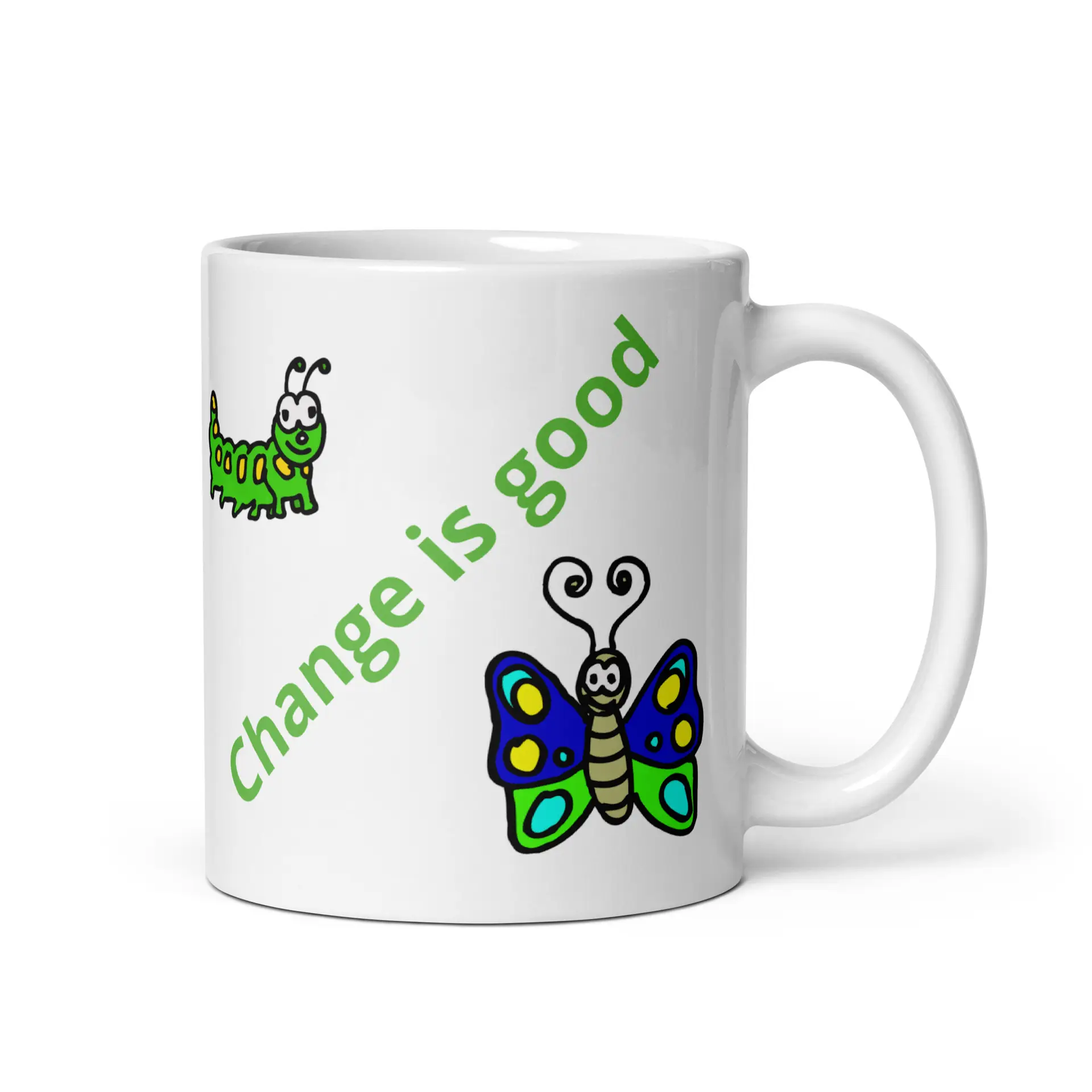 Caterpillar Butterfly Change is Good White glossy mug