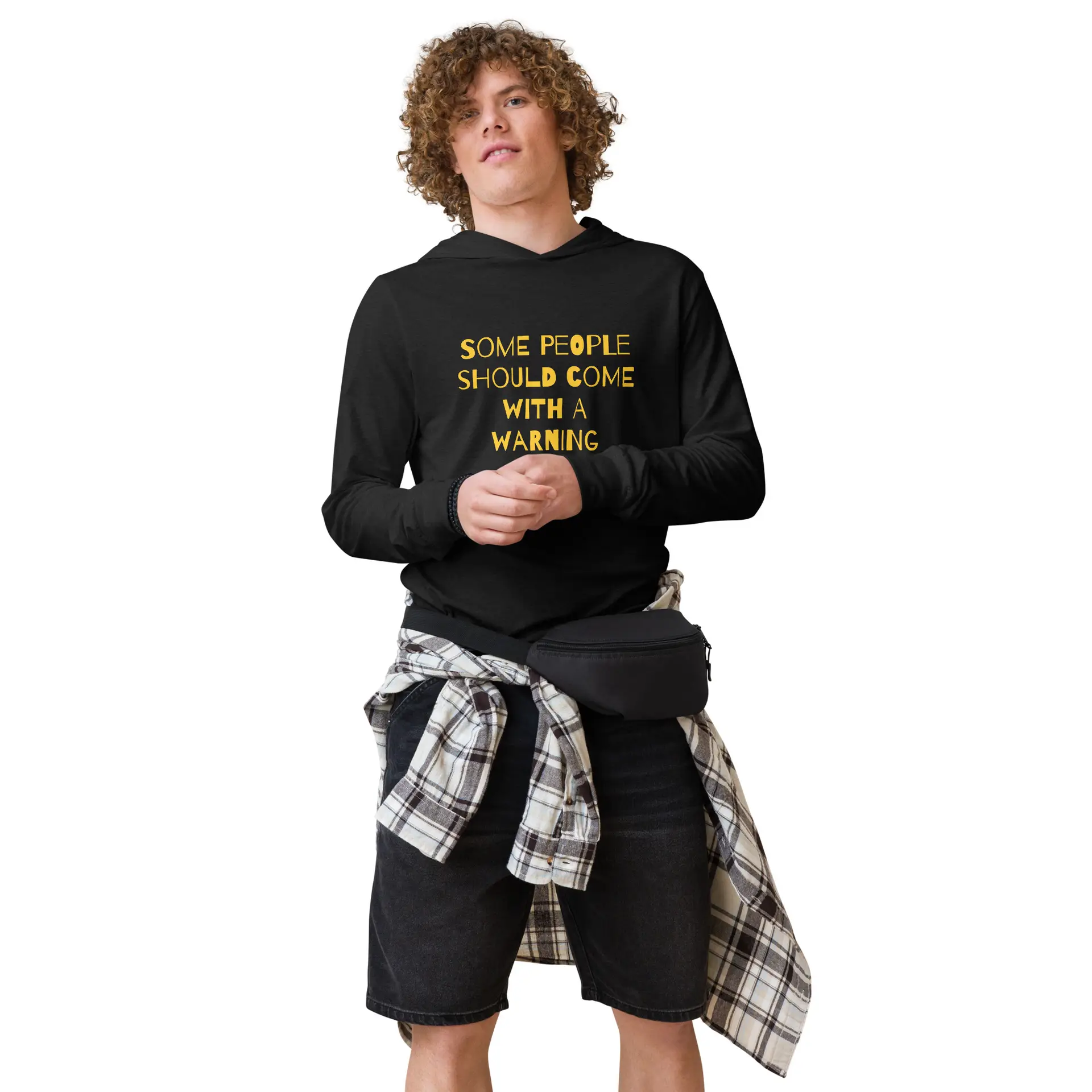 Caution Warning Label - unisex-hooded-long-sleeve-tee-charcoal-black-triblend-front-6825eb6b06812