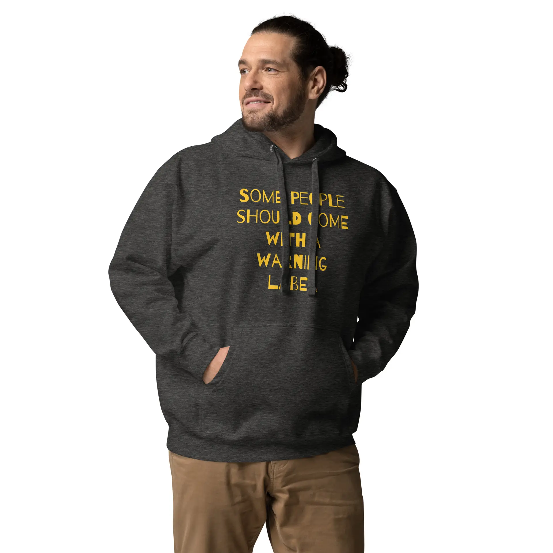 Caution Warning Label - unisex-premium-hoodie-charcoal-heather-front-6825eb7c90400