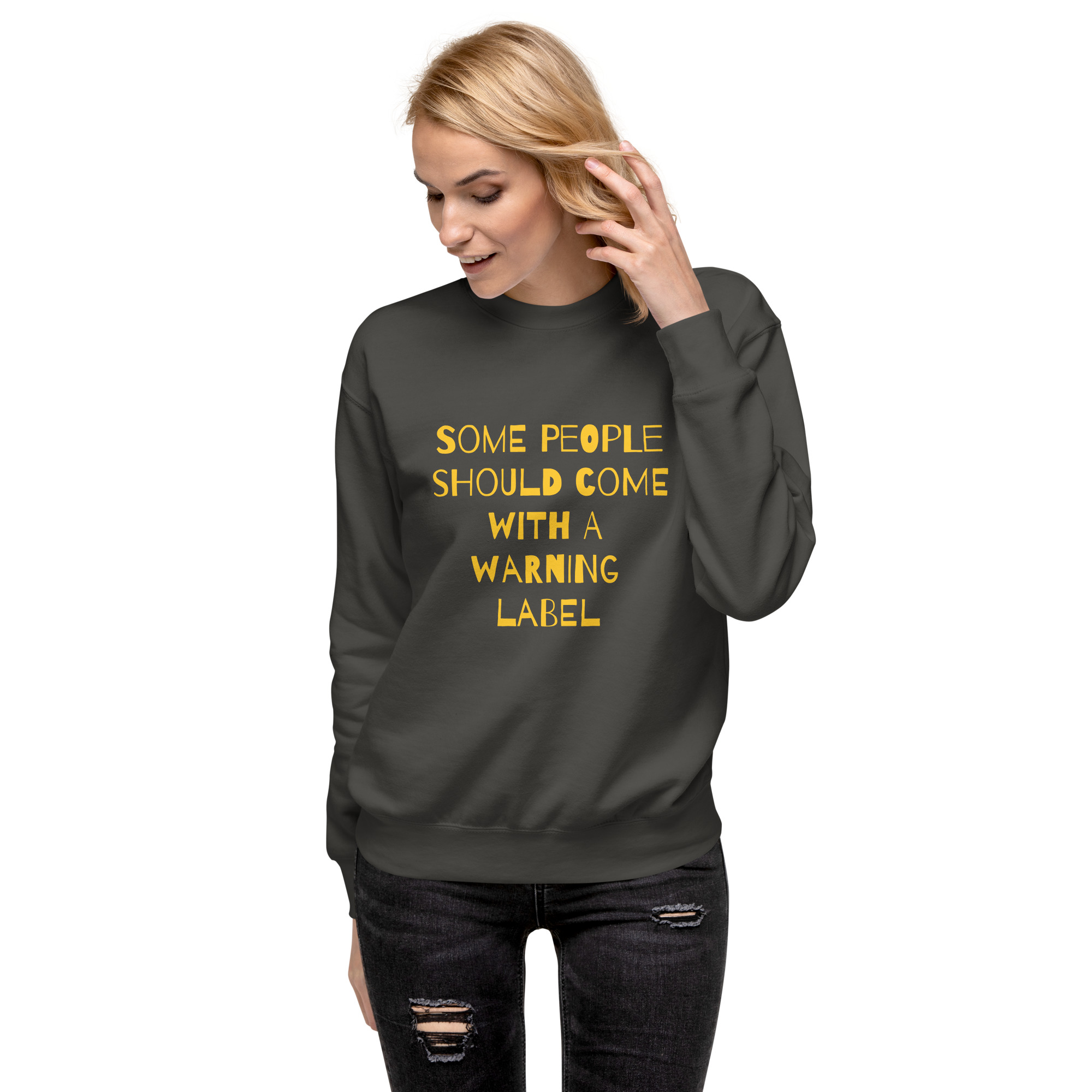Caution Warning Label - unisex-premium-sweatshirt-vintage-black-front-6825eba13d6a9