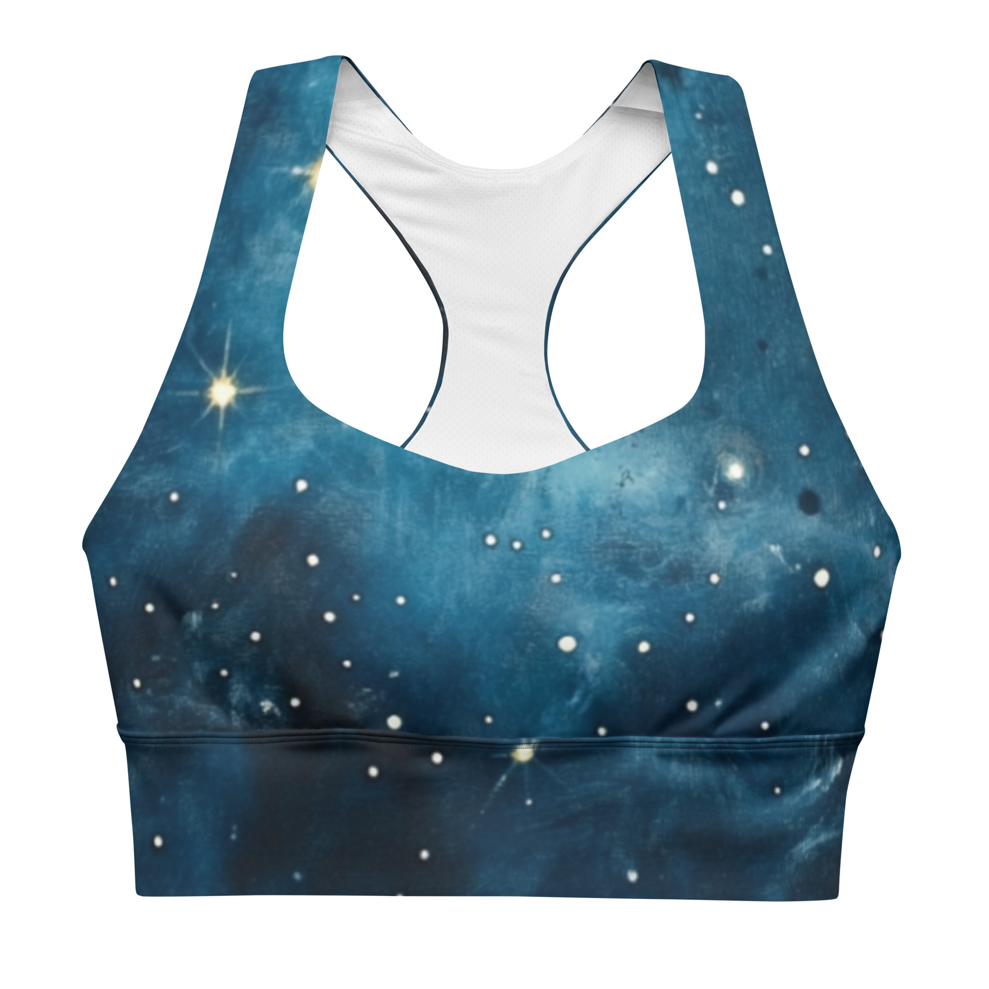 Celestial Supernova - all-over-print-recycled-longline-sports-bra-white-front-6825ececb9162