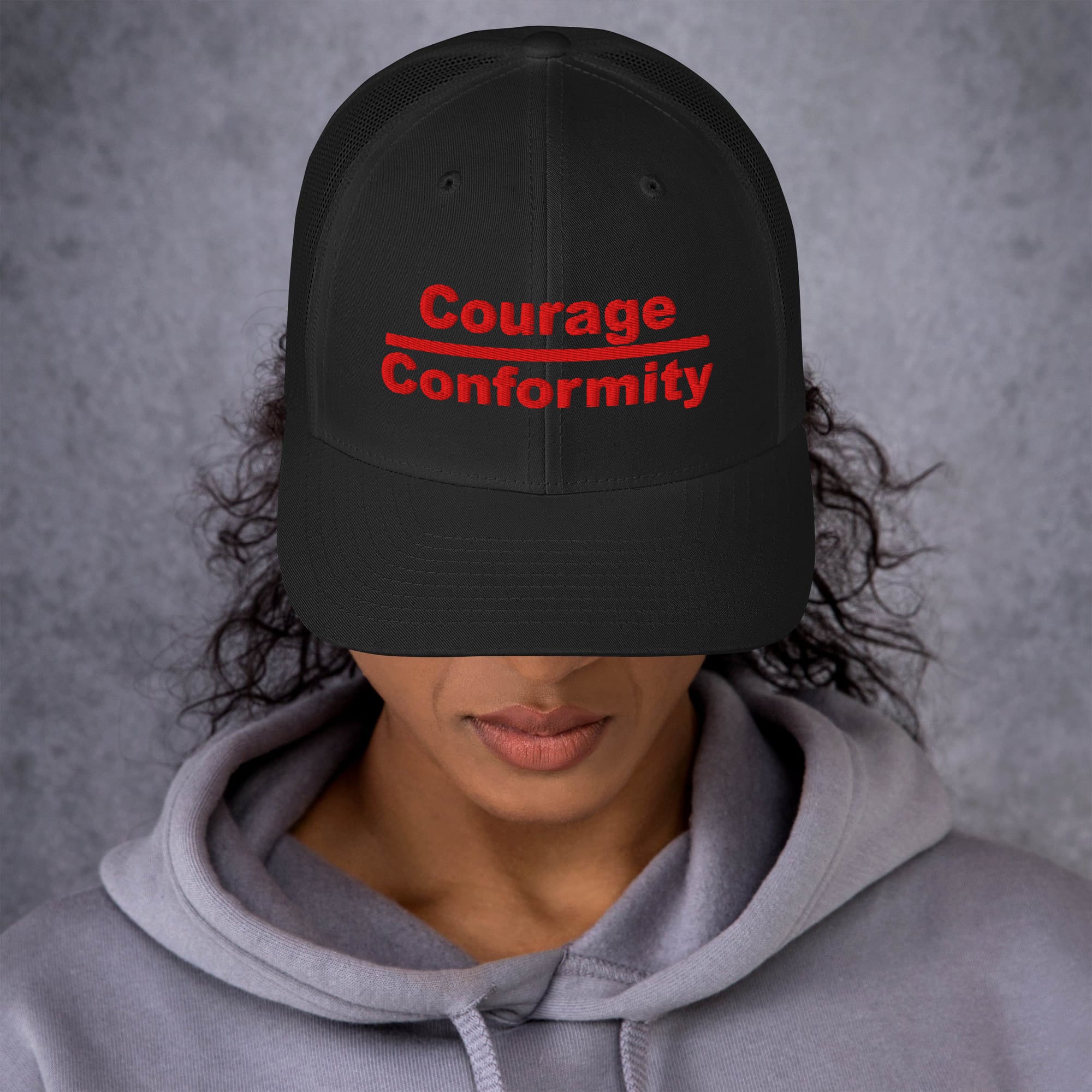 Courage over Conformity retro trucker-hat-black-front-69c83be3d359e