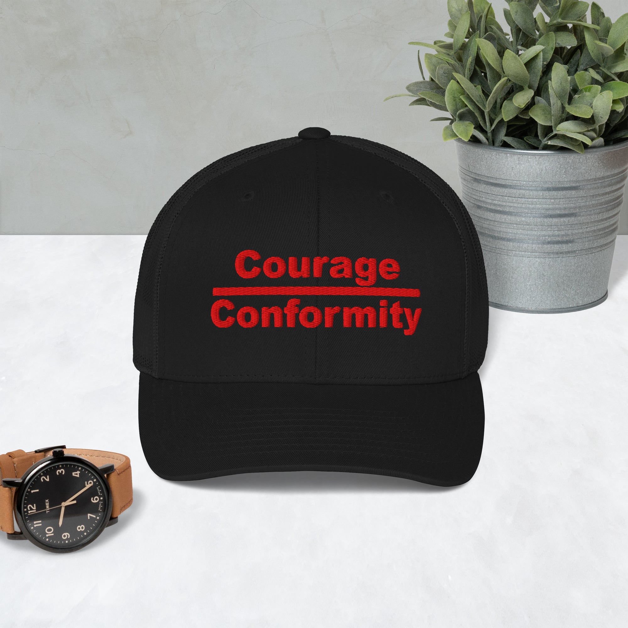 Courage over Conformity retro trucker-hat-black-front-69c83be3d38be