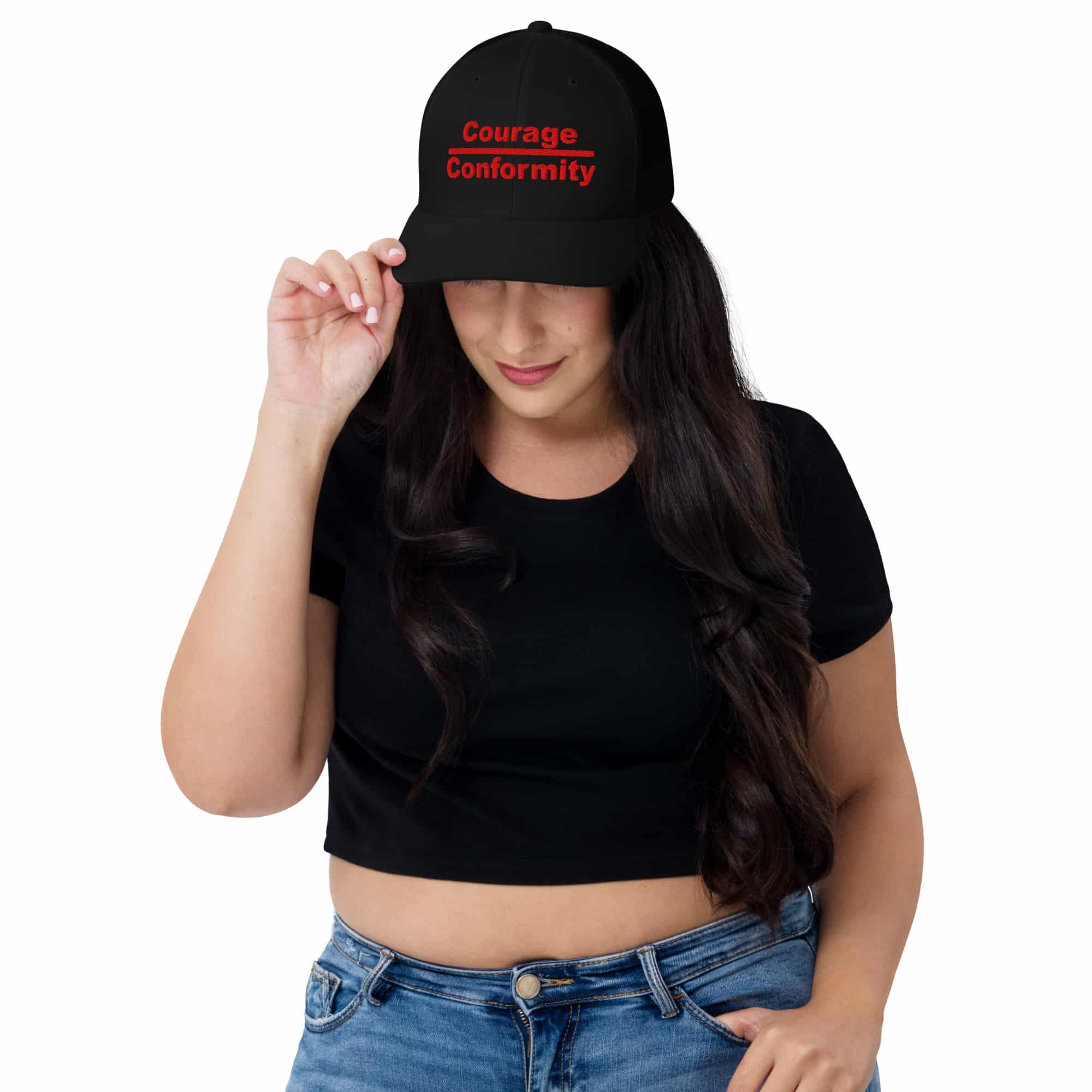 Courage over Conformity retro trucker-hat-black-front-69c83be3d49a2