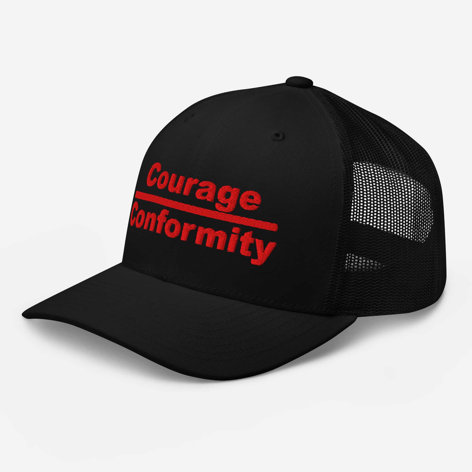 Courage over Conformity retro trucker-hat-black-left-front-69c83be3d46a9