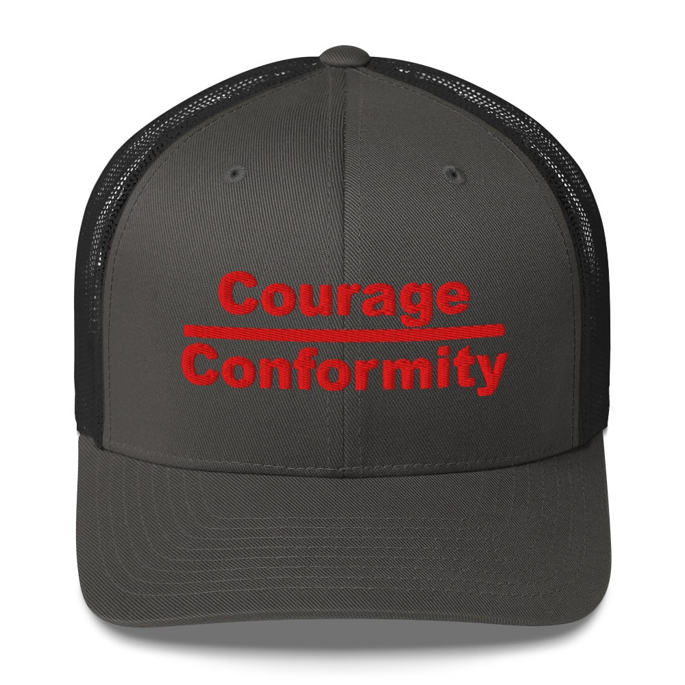 Courage over Conformity retro trucker-hat-charcoal-front-69c83be3d3263