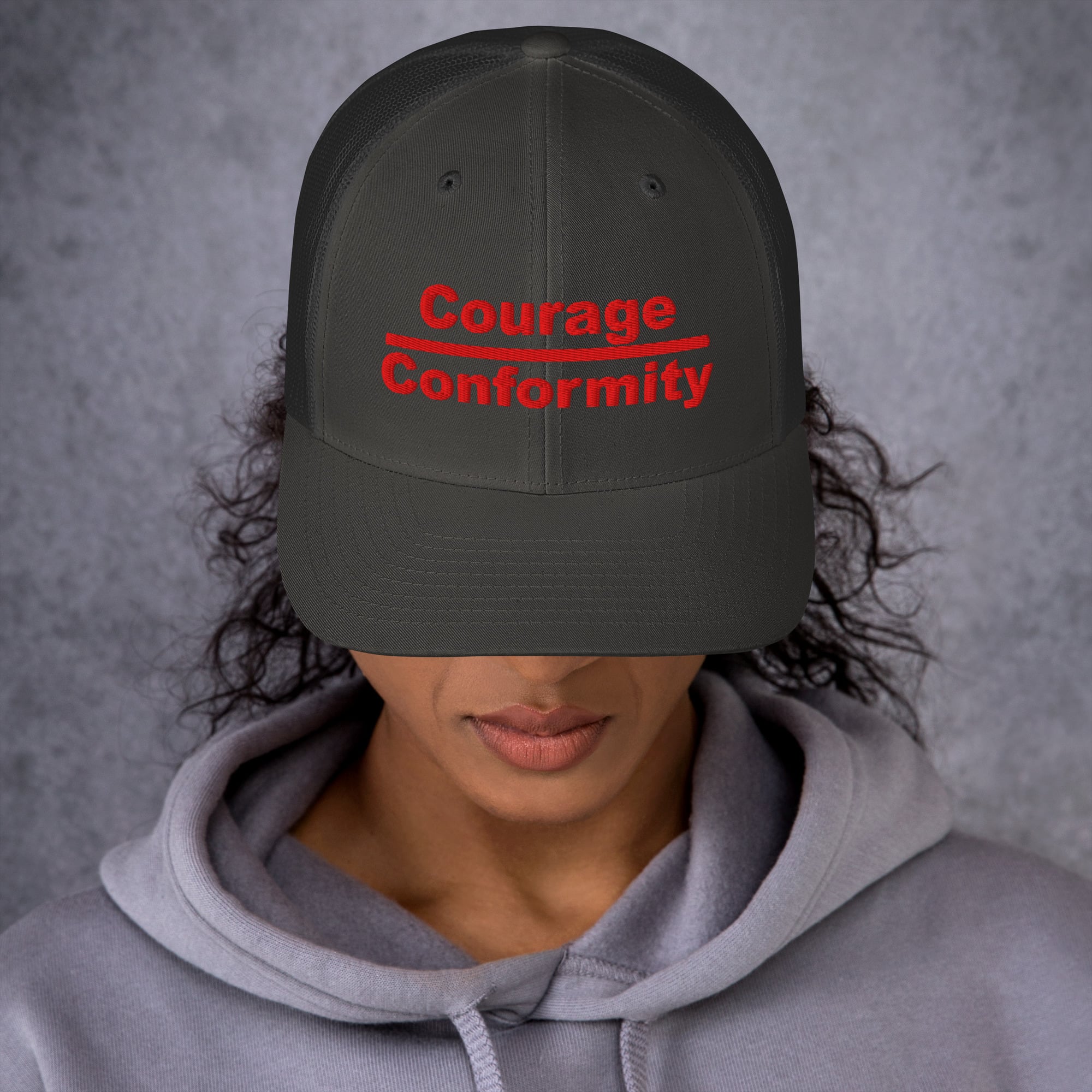 Courage over Conformity retro trucker-hat-charcoal-front-69c83be3d3658