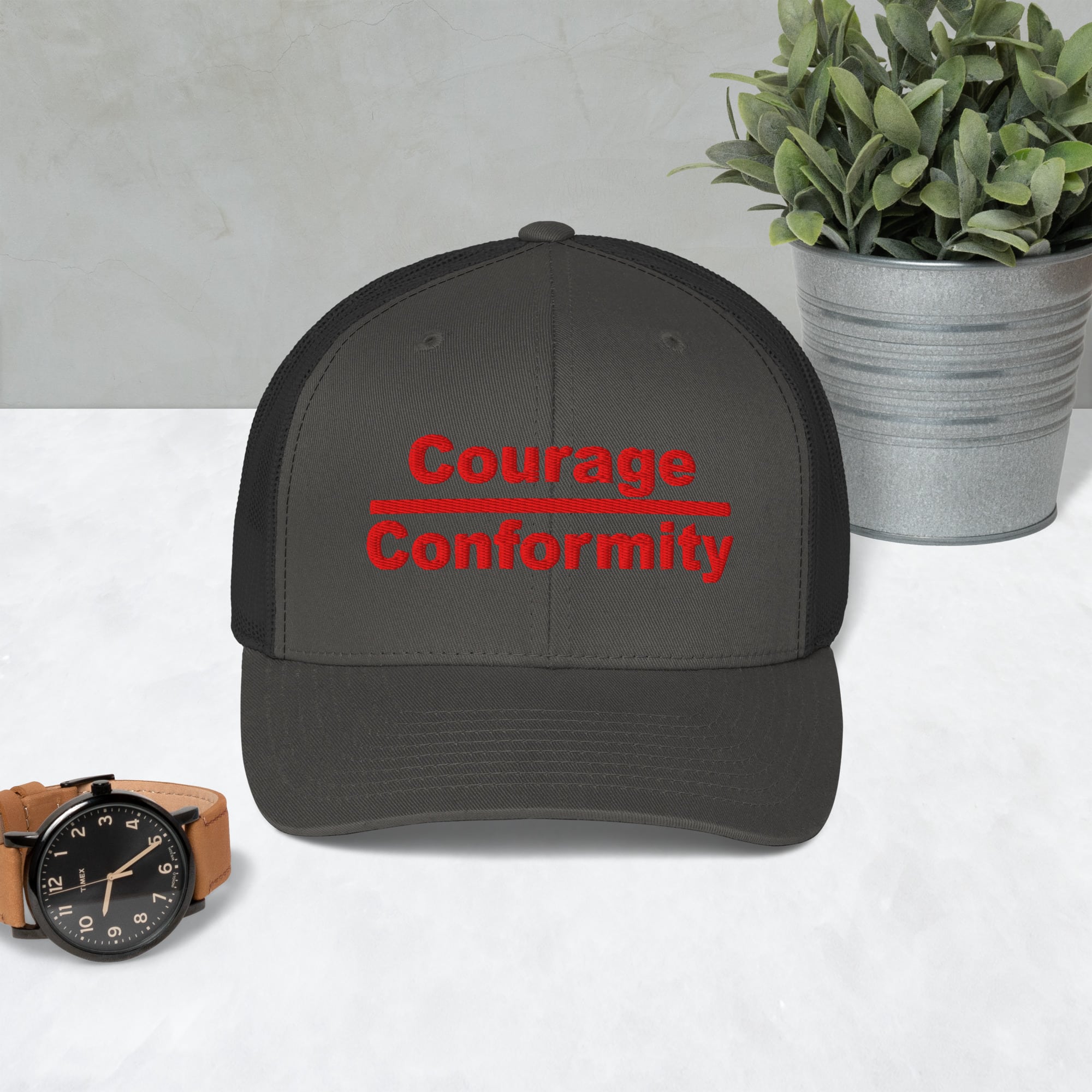 Courage over Conformity retro trucker-hat-charcoal-front-69c83be3d391c
