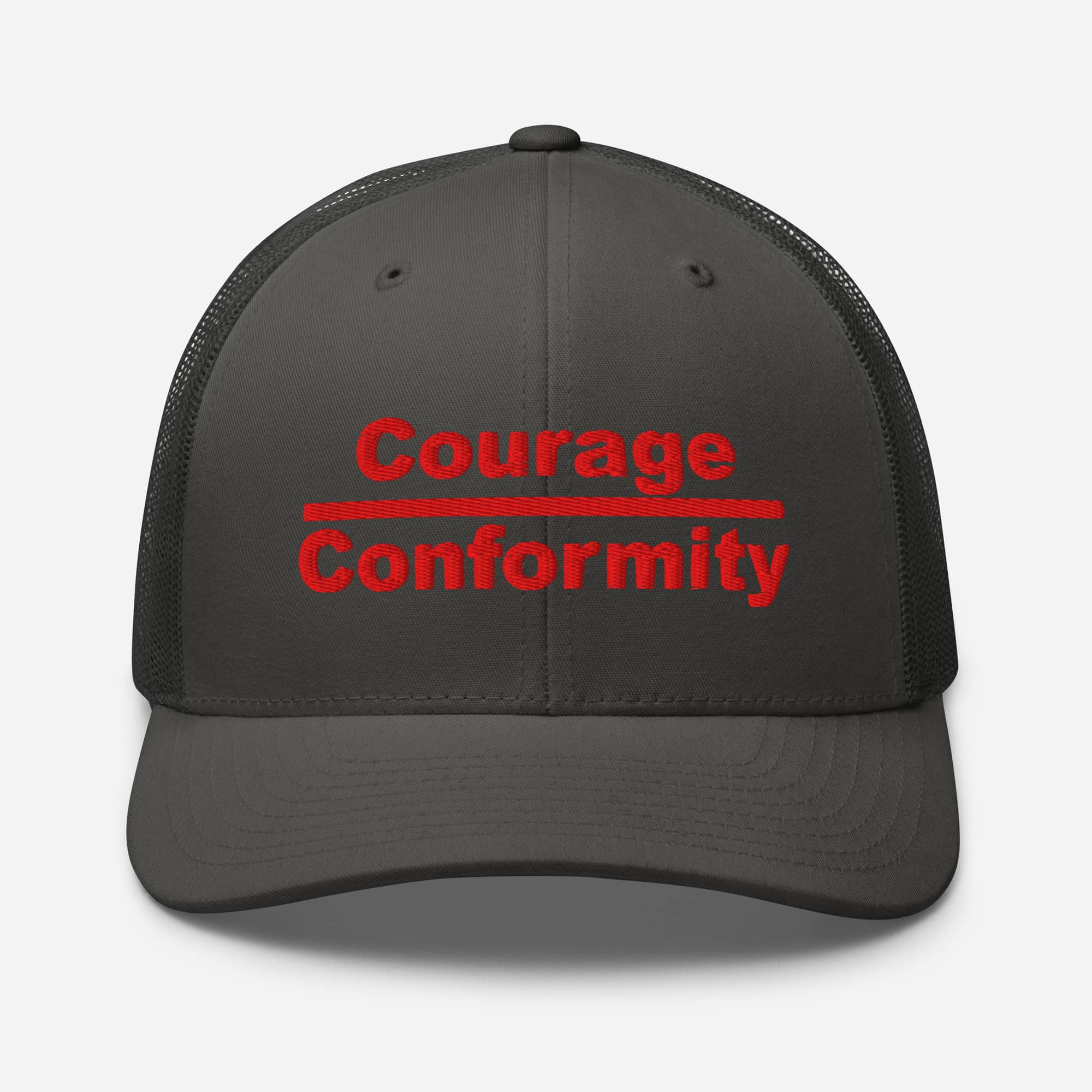 Courage over Conformity retro trucker-hat-charcoal-front-69c83be3d4410