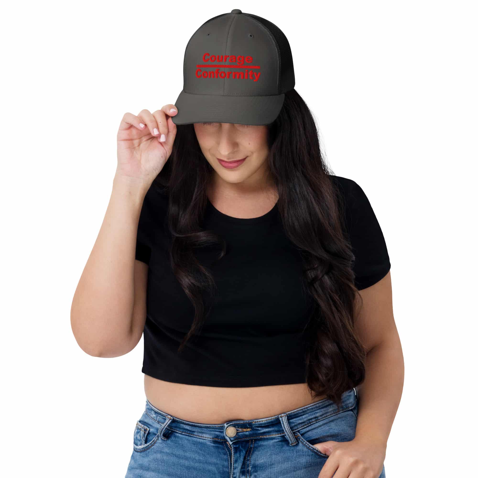 Courage over Conformity retro trucker-hat-charcoal-front-69c83be3d4a21