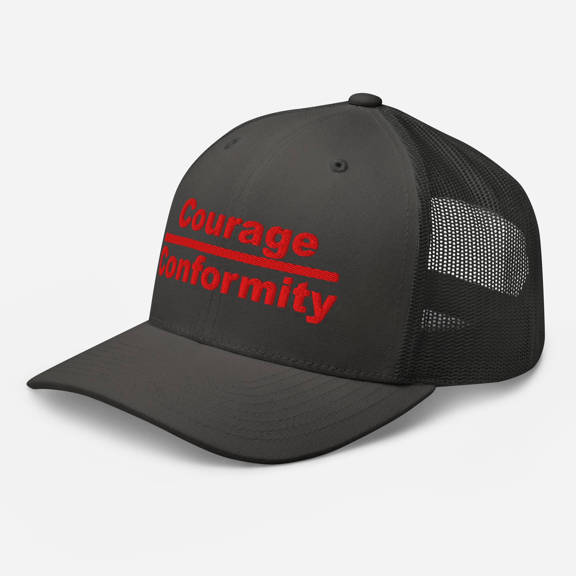 Courage over Conformity retro trucker-hat-charcoal-left-front-69c83be3d4717