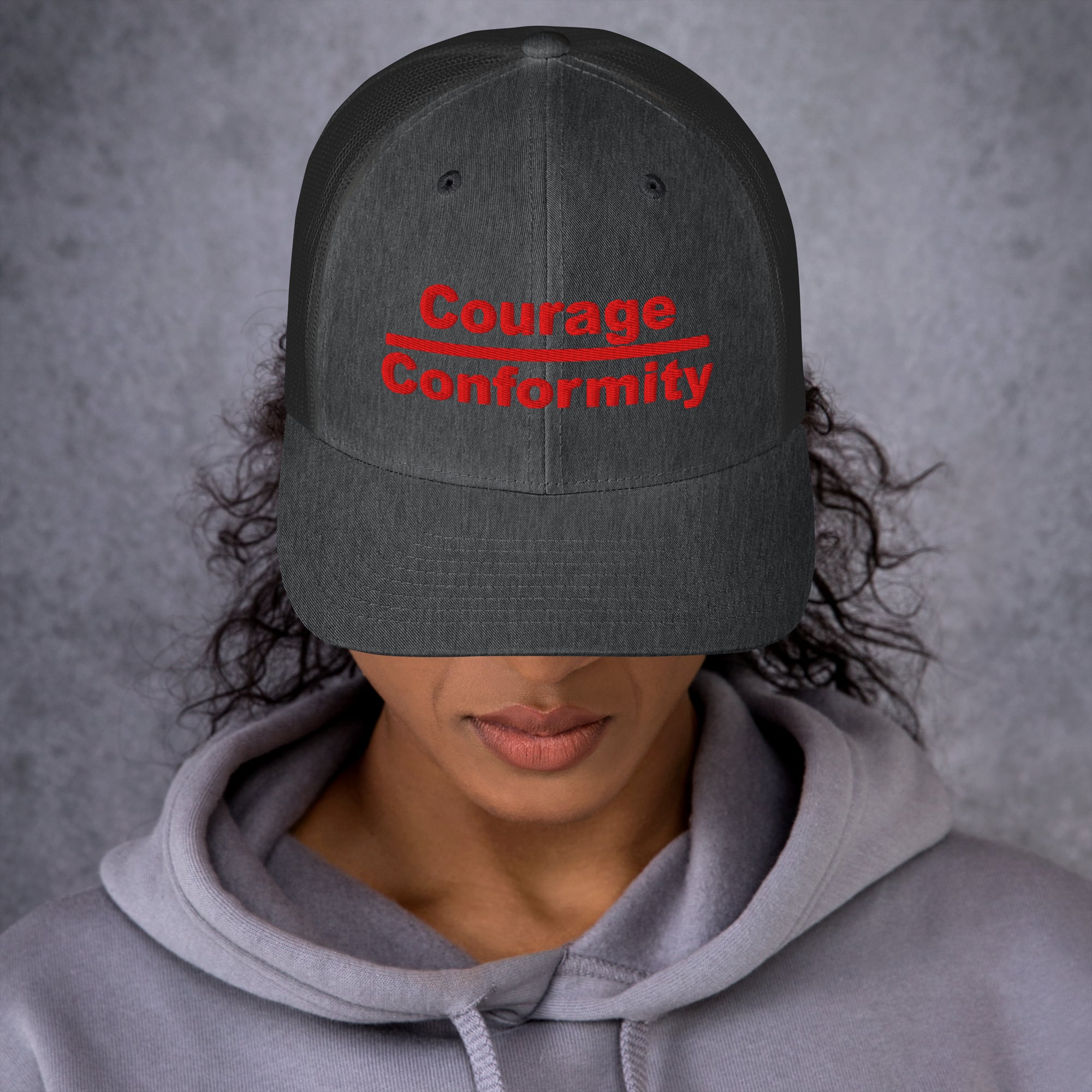 Courage over Conformity retro trucker-hat-dark-heather-gray-front-69c83be3d36b0
