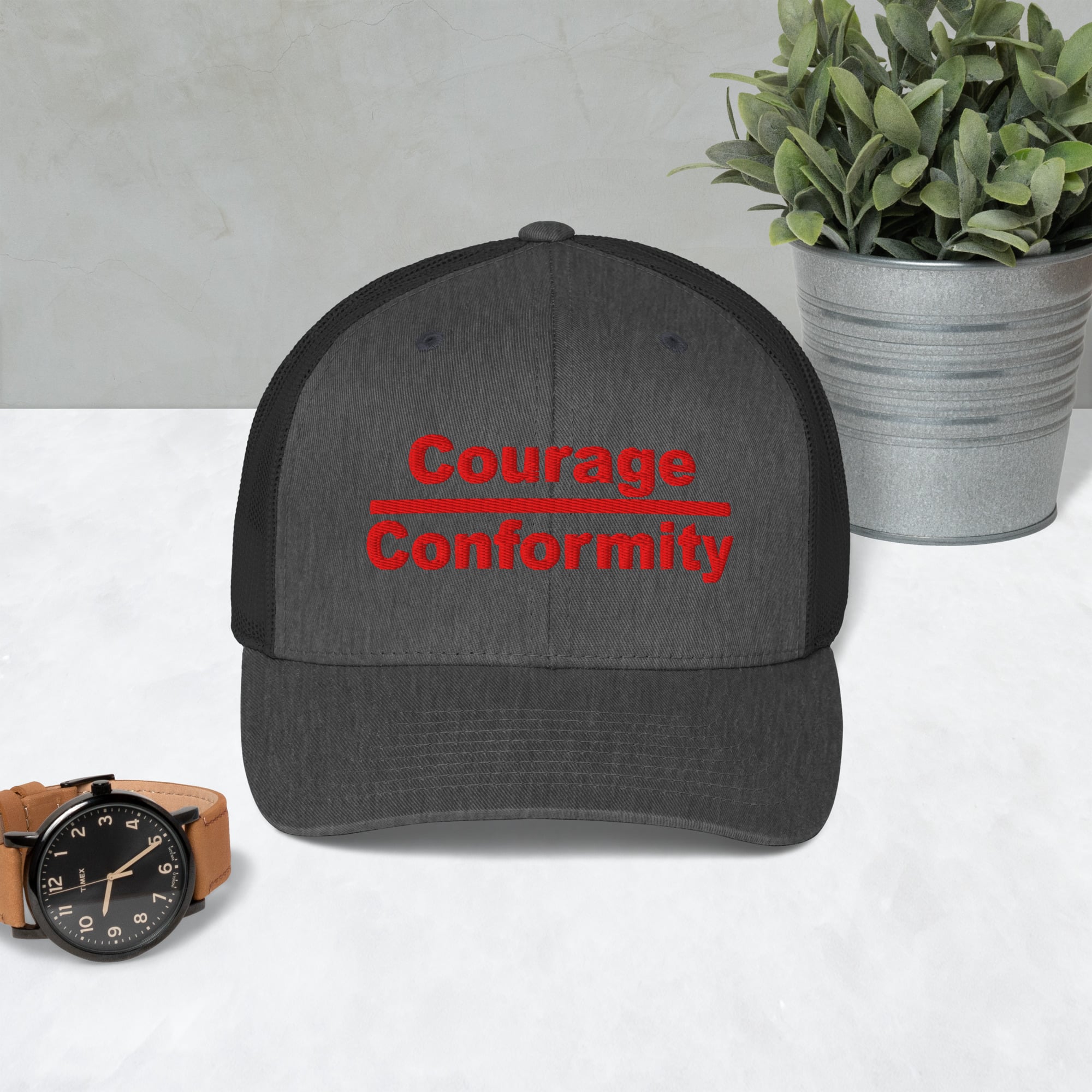 Courage over Conformity retro trucker-hat-dark-heather-gray-front-69c83be3d3966